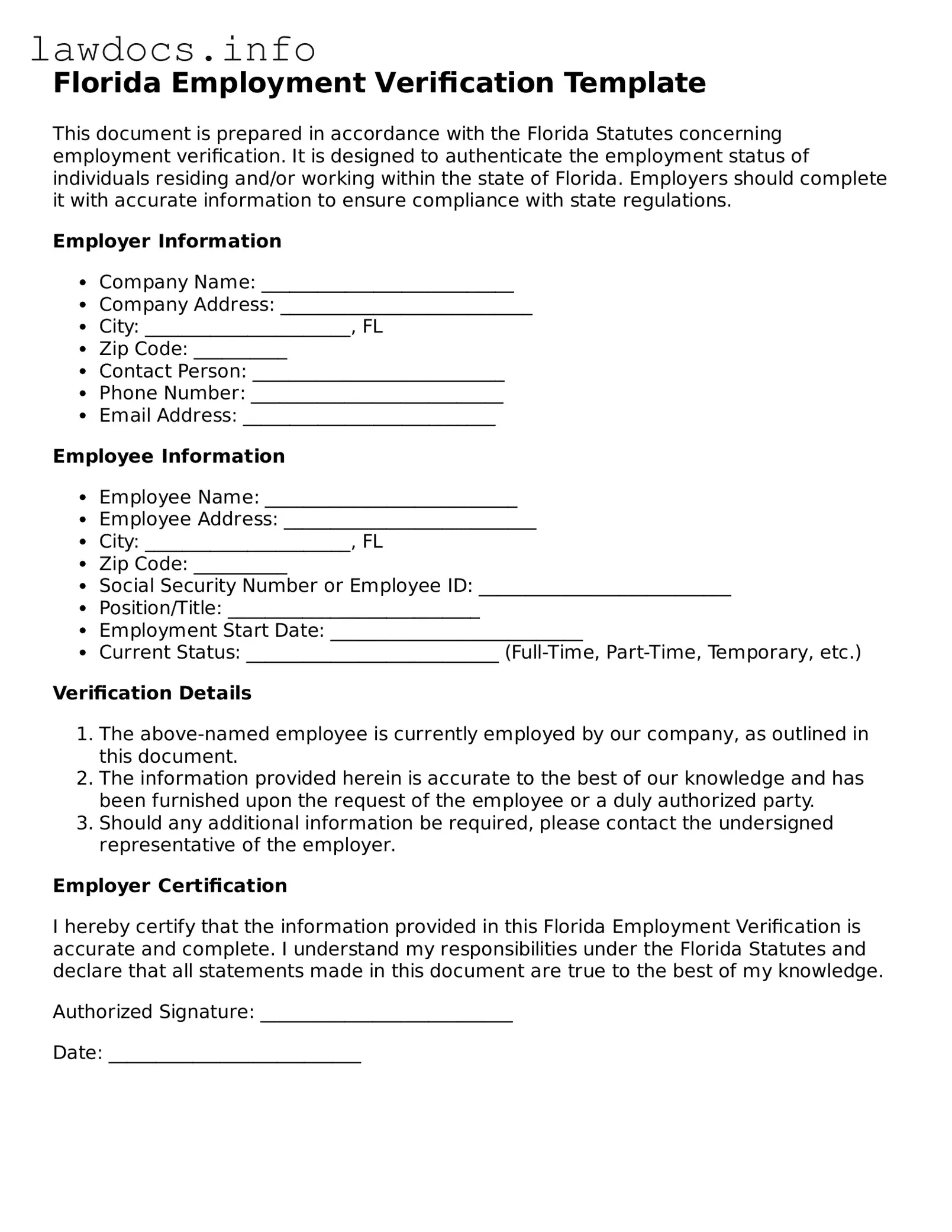 Blank Employment Verification Template for the State of Florida