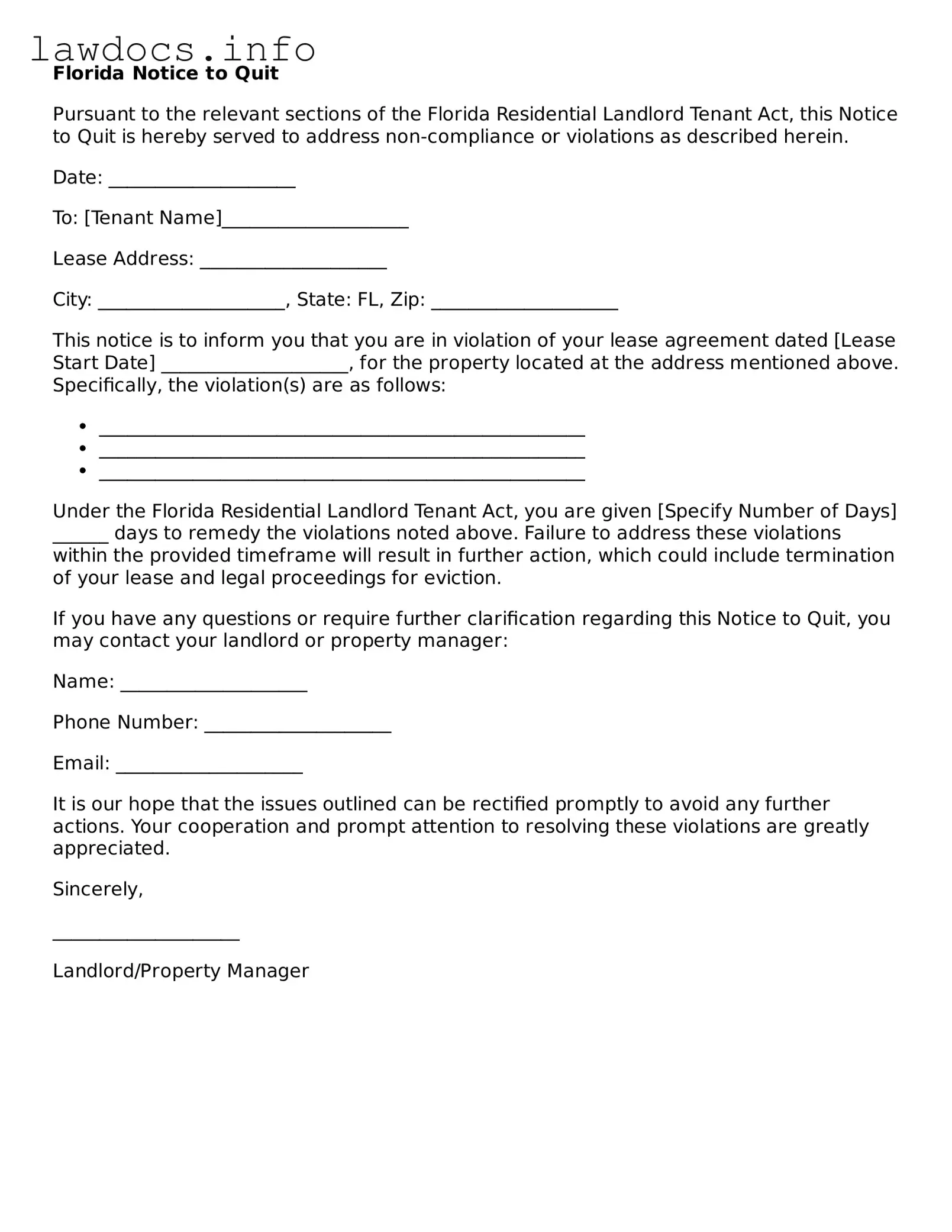 Blank Notice to Quit Template for the State of Florida