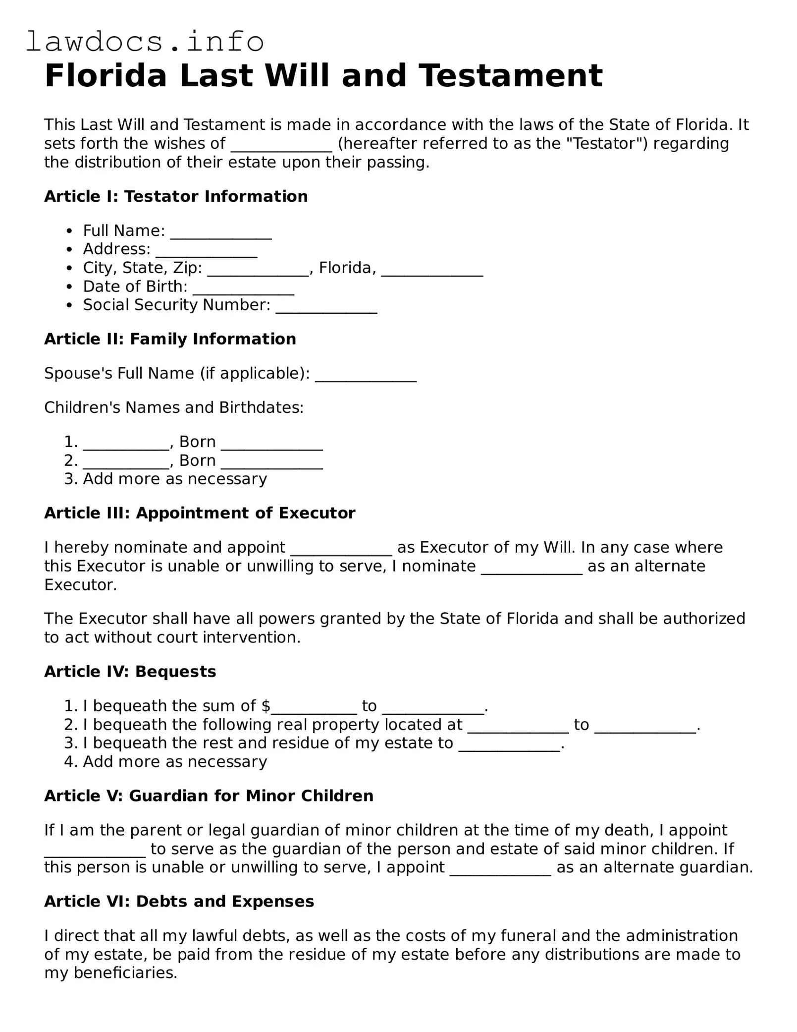 Blank Last Will and Testament Template for the State of Florida