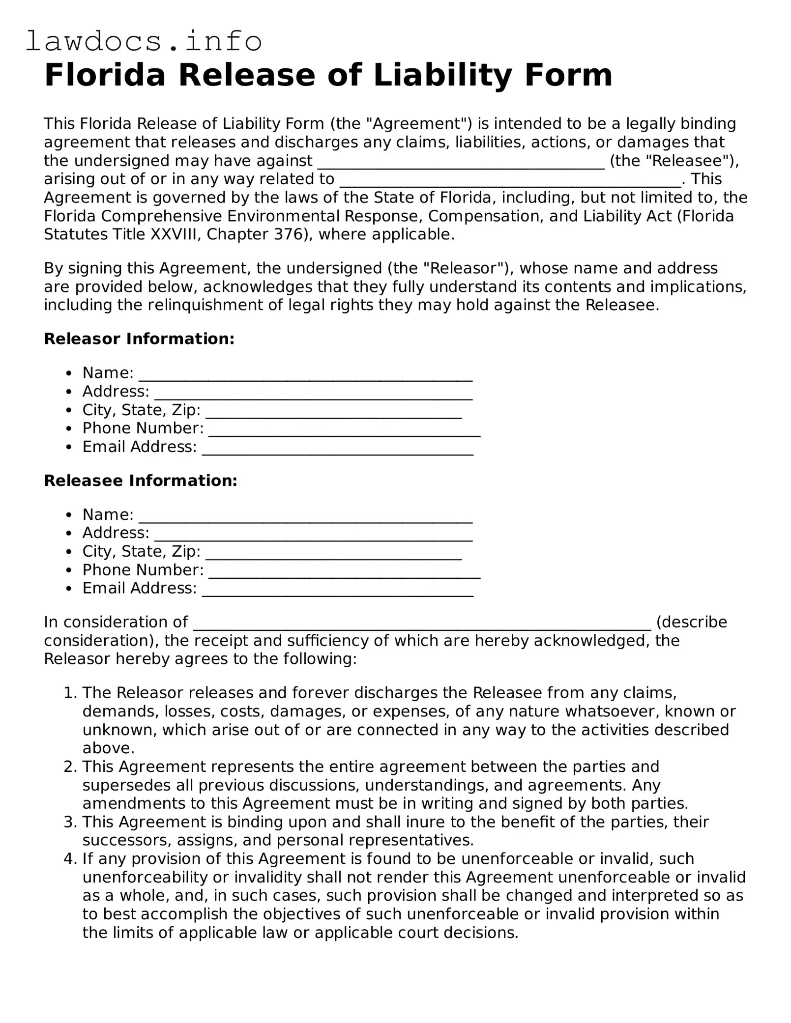Blank Release of Liability Template for the State of Florida