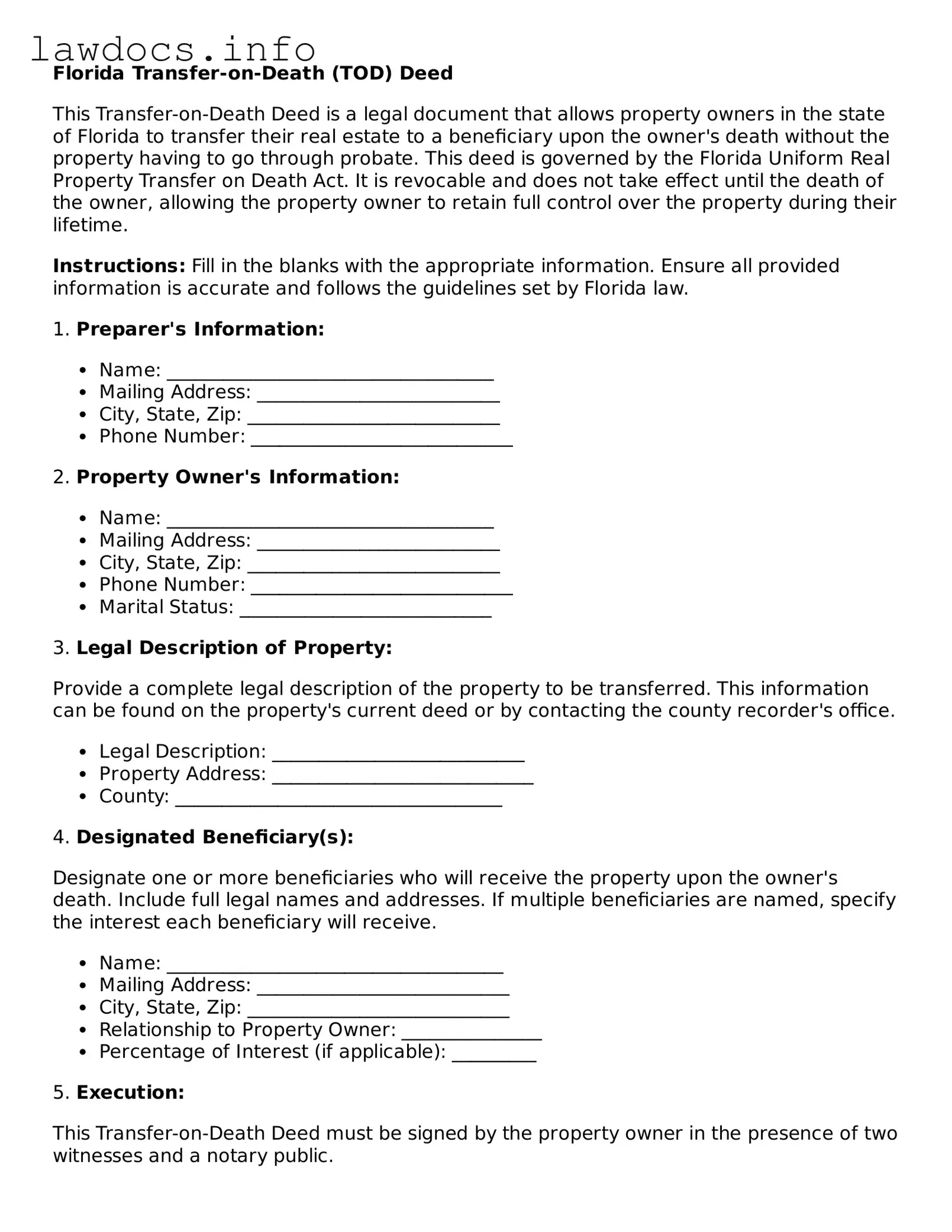 Blank Transfer-on-Death Deed Template for the State of Florida