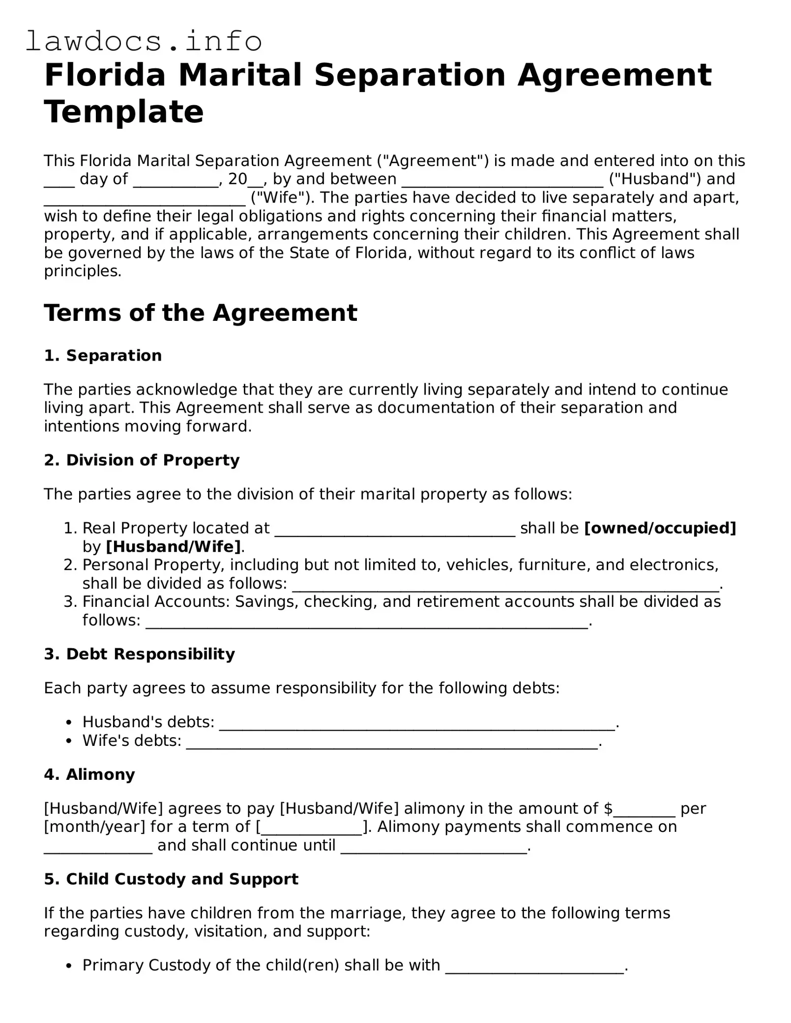Blank Marital Separation Agreement Template for the State of Florida