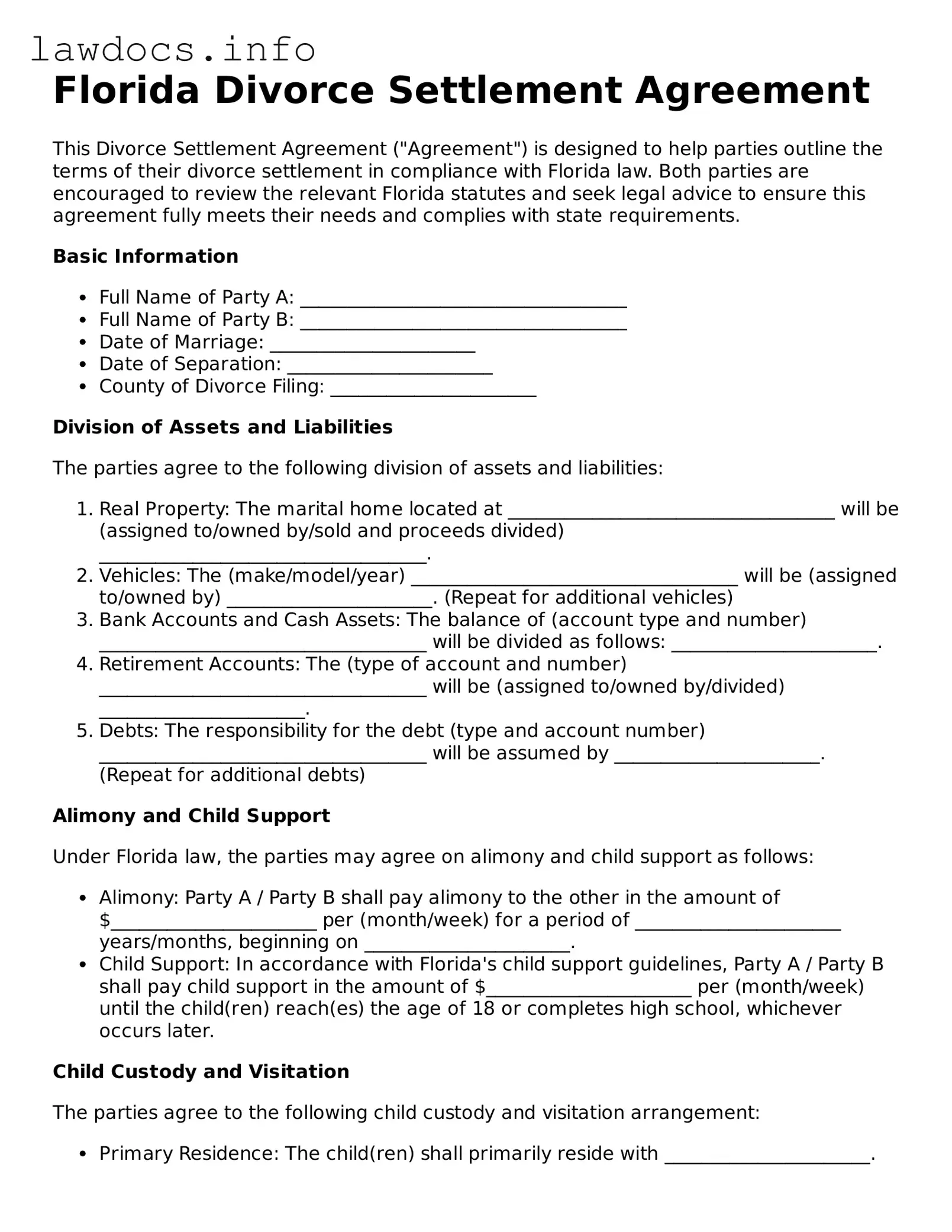 Blank Divorce Settlement Agreement Template for the State of Florida