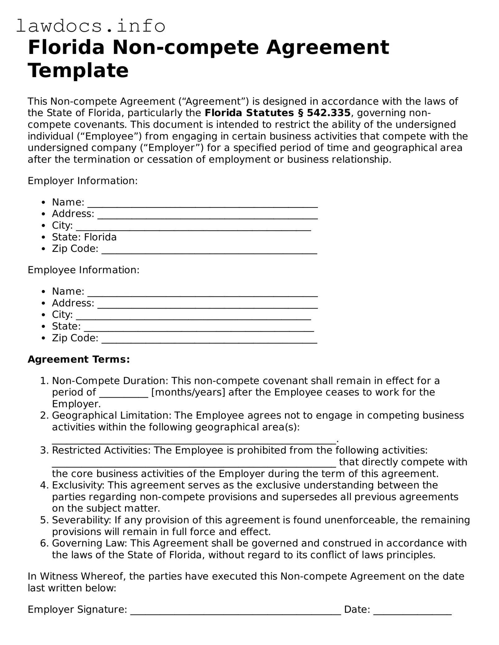 Blank Non-compete Agreement Template for the State of Florida
