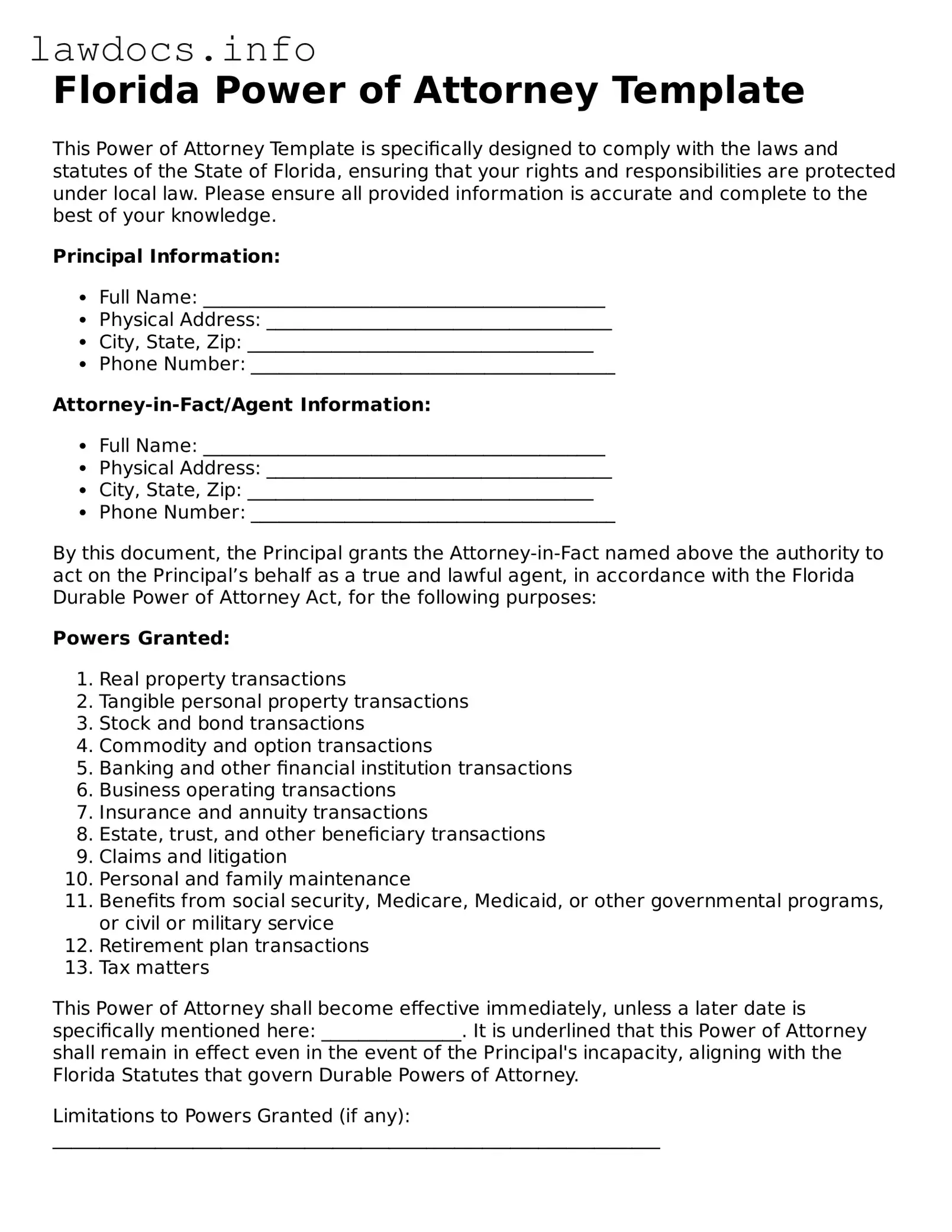 Blank Power of Attorney Template for the State of Florida