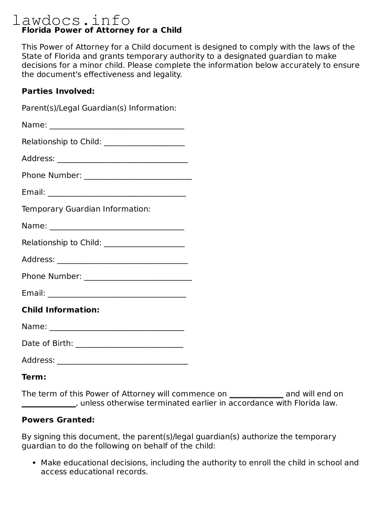 Blank Power of Attorney for a Child Template for the State of Florida