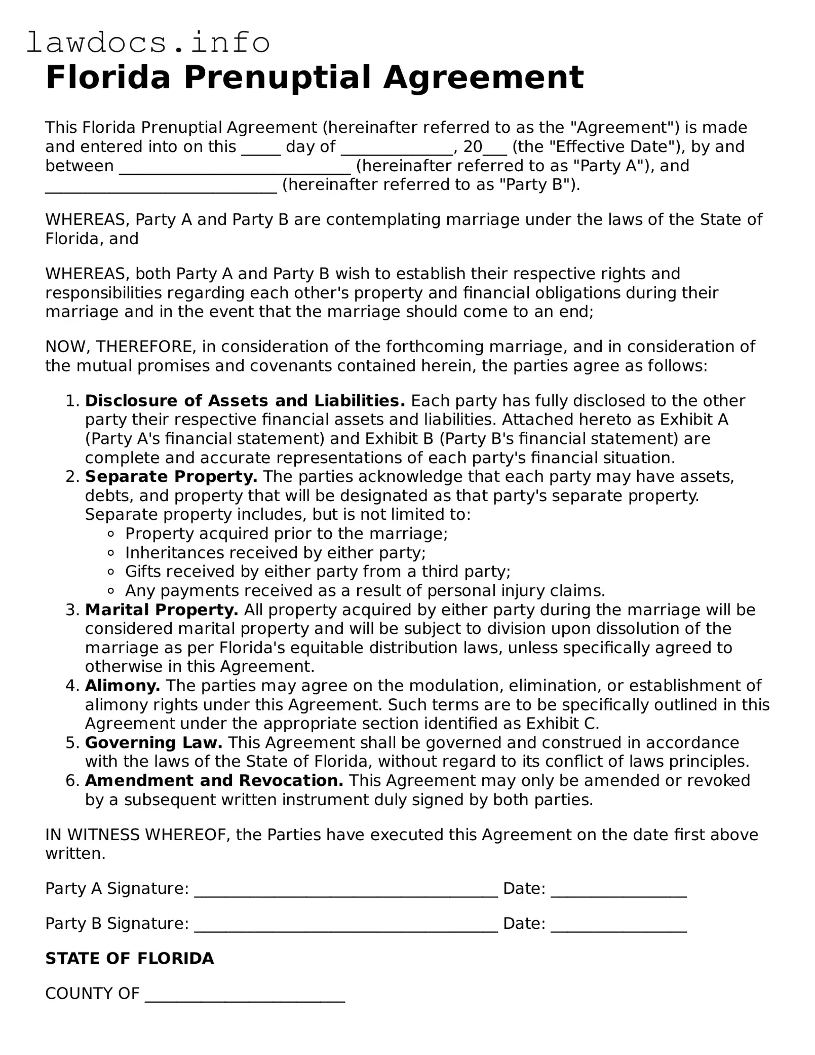 Blank Prenuptial Agreement Template for the State of Florida