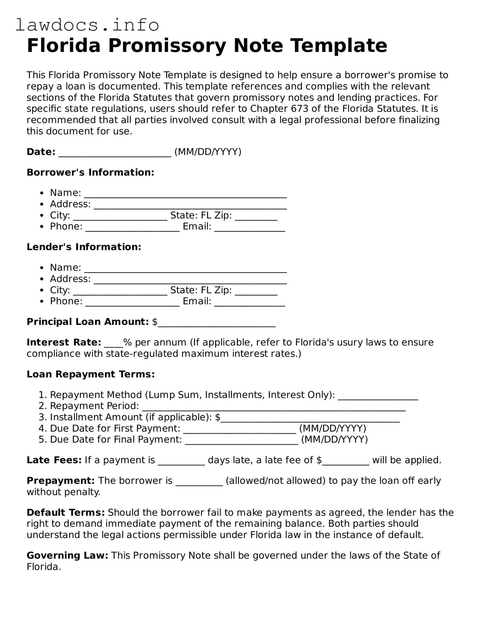 Blank Promissory Note Template for the State of Florida