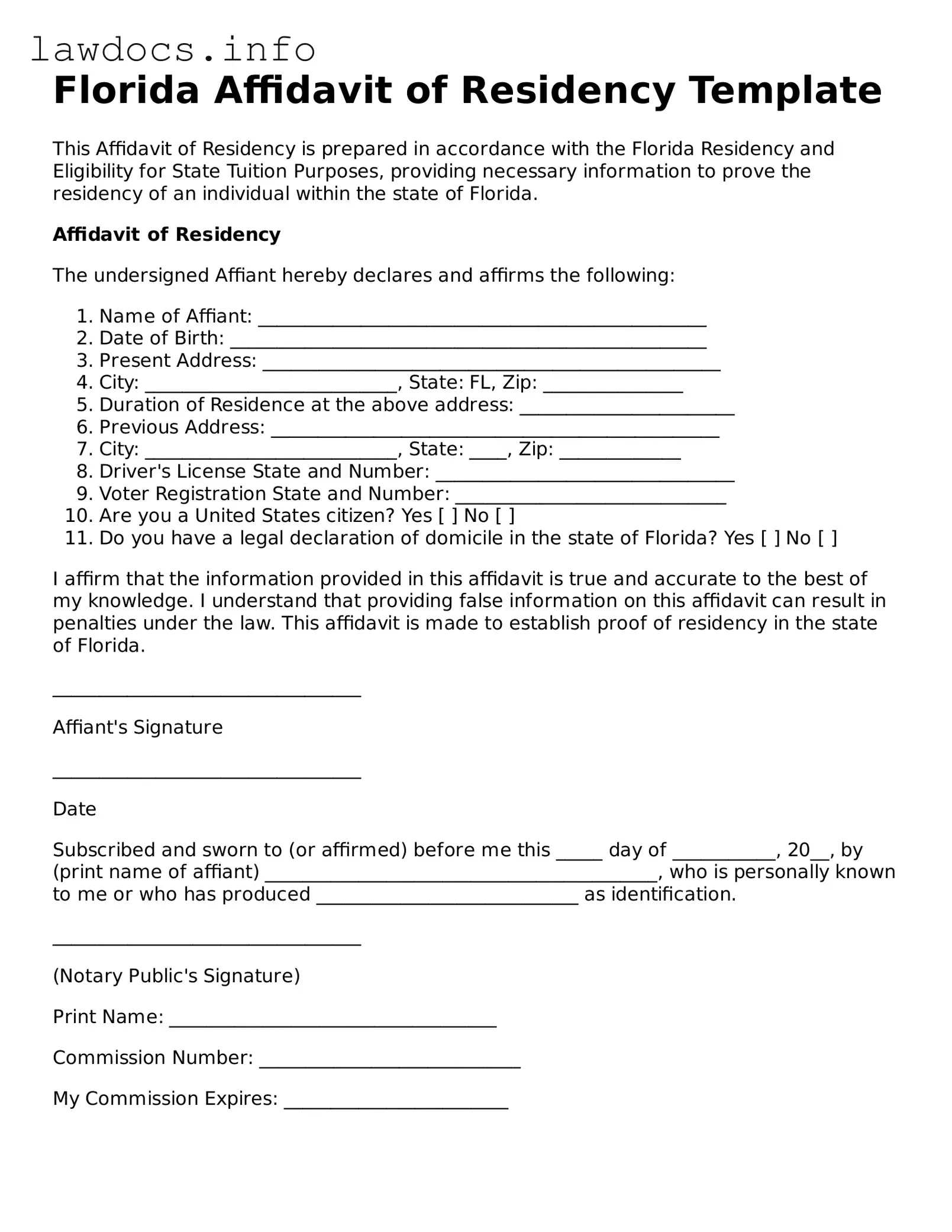 Blank Affidavit of Residency Template for the State of Florida