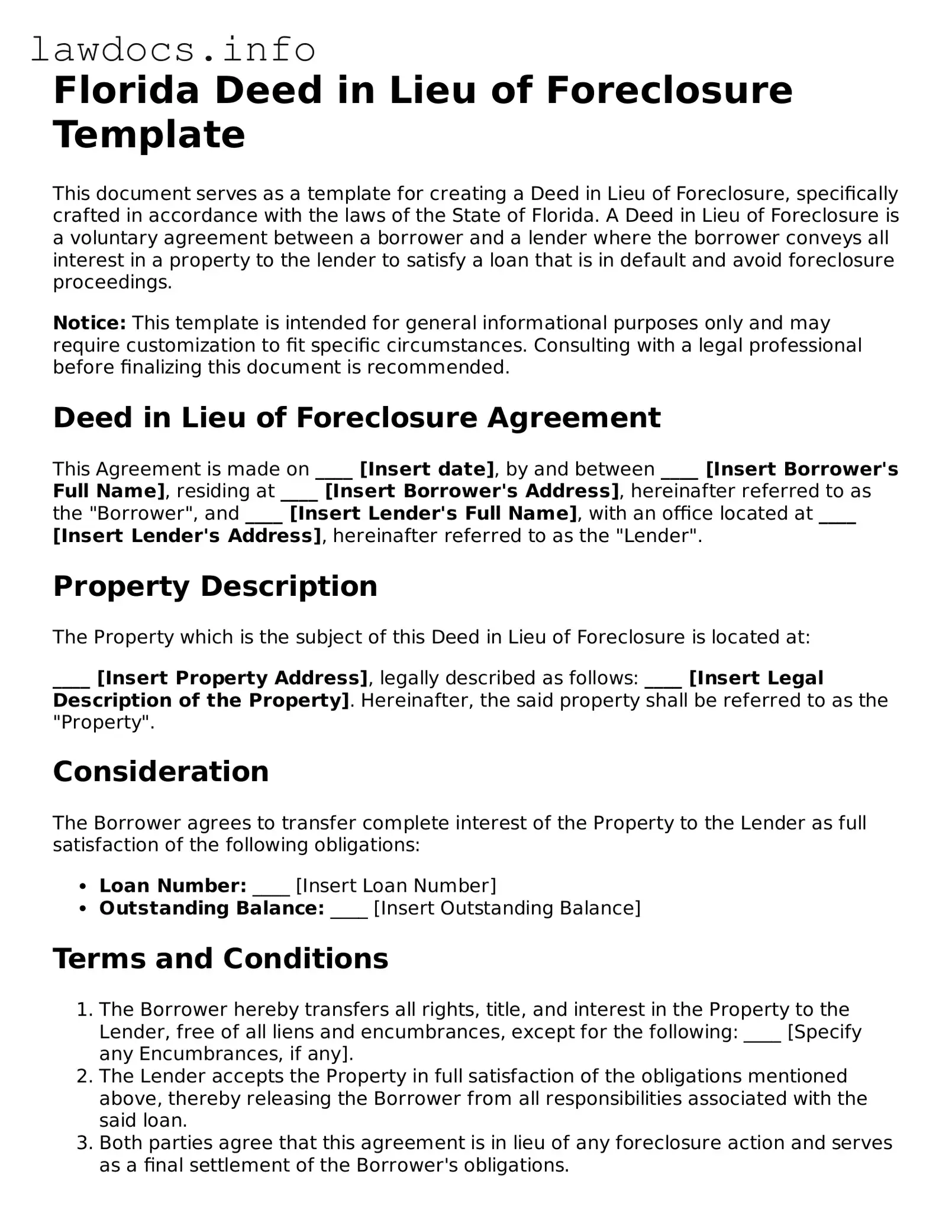 Blank Deed in Lieu of Foreclosure Template for the State of Florida