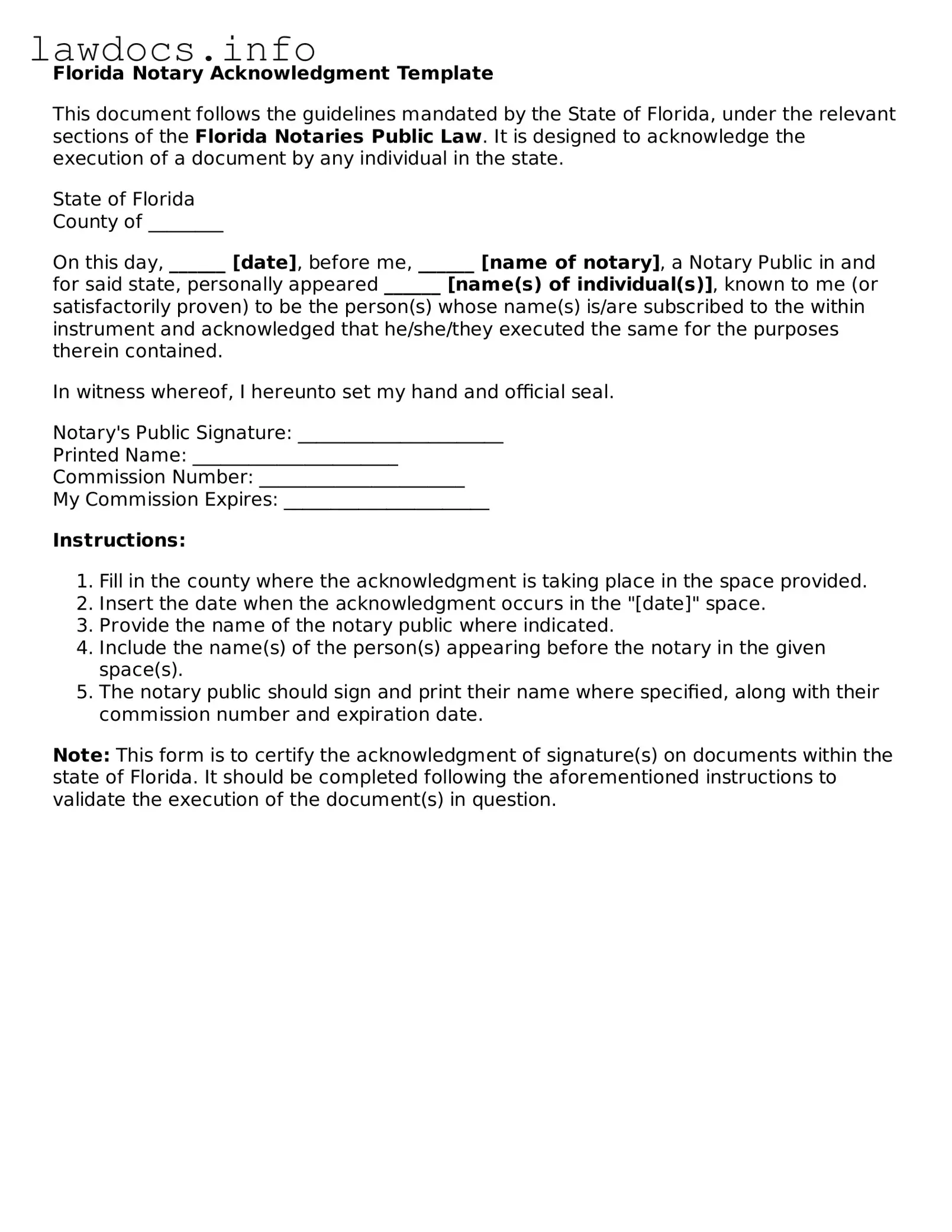 Blank Notary Acknowledgement Template for the State of Florida