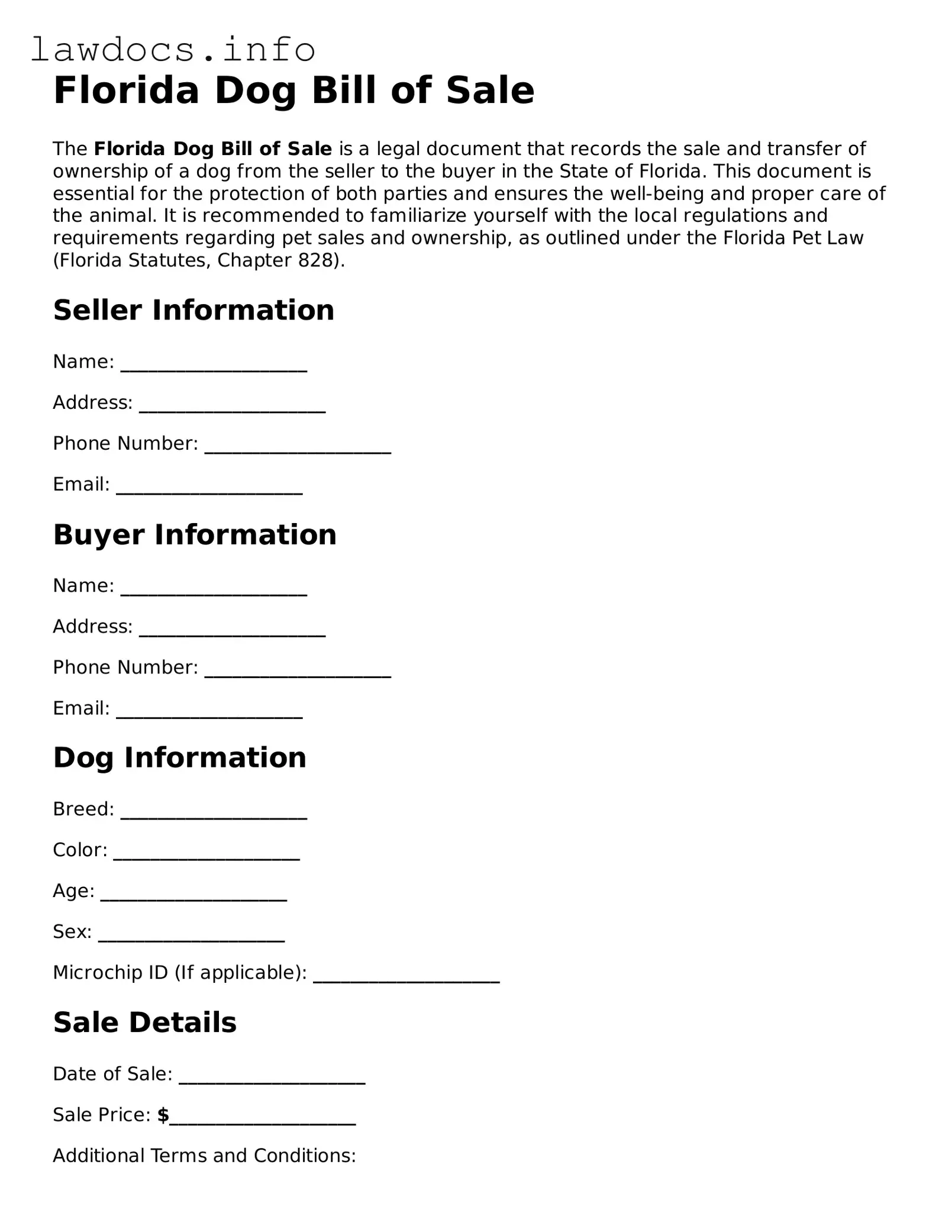 Blank Dog Bill of Sale Template for the State of Florida