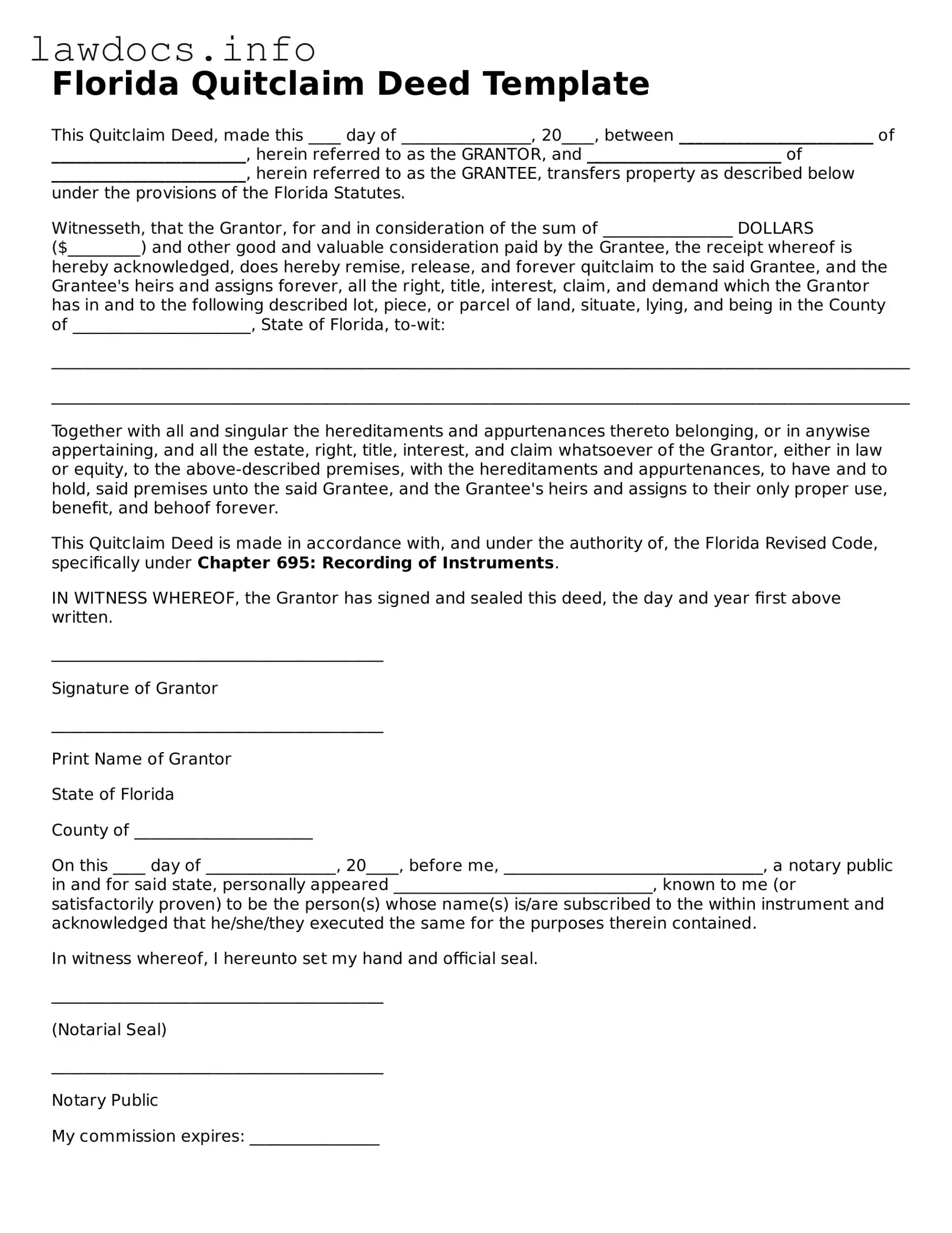 Blank Quitclaim Deed Template for the State of Florida