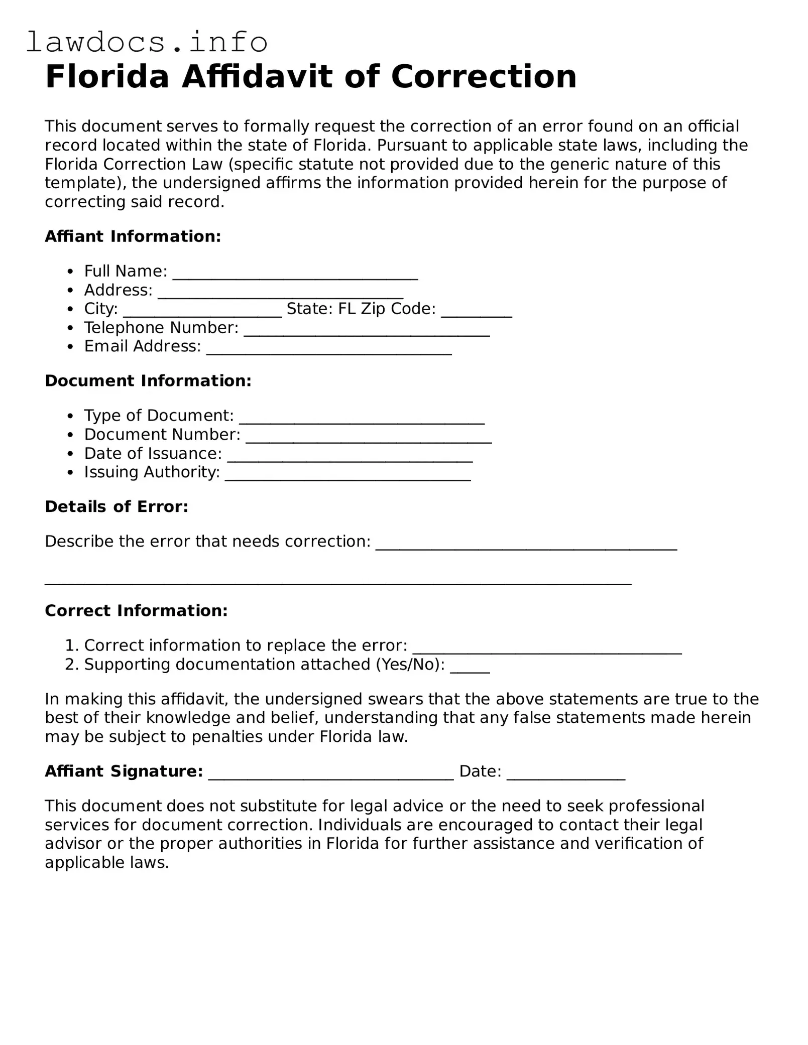 Blank Affidavit of Correction Template for the State of Florida