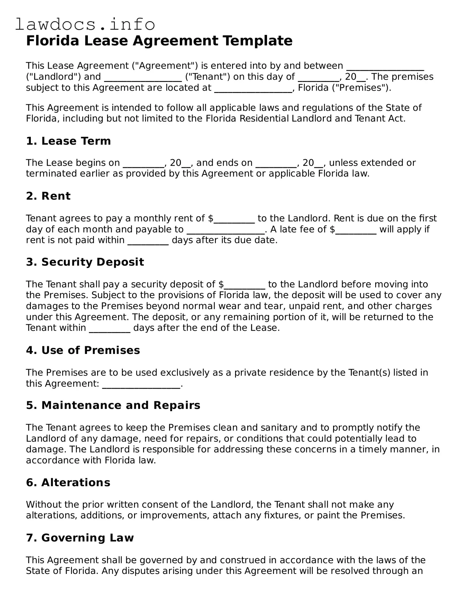 Blank Lease Agreement Template for the State of Florida