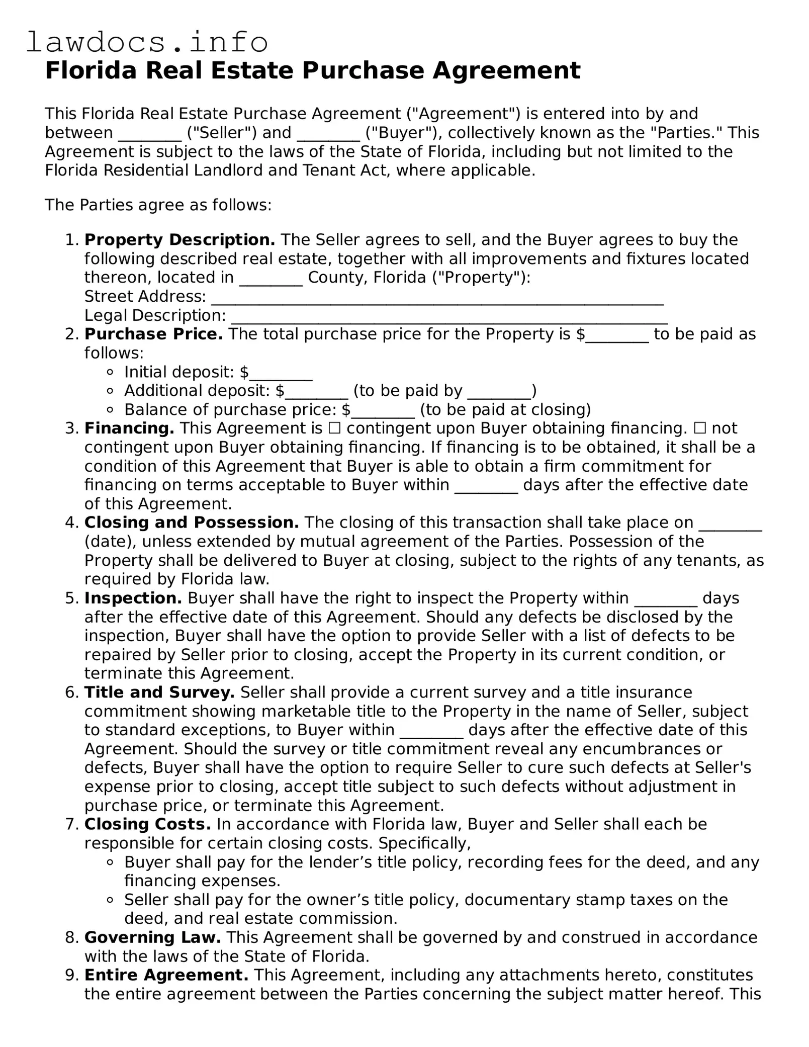 Blank Real Estate Purchase Agreement Template for the State of Florida
