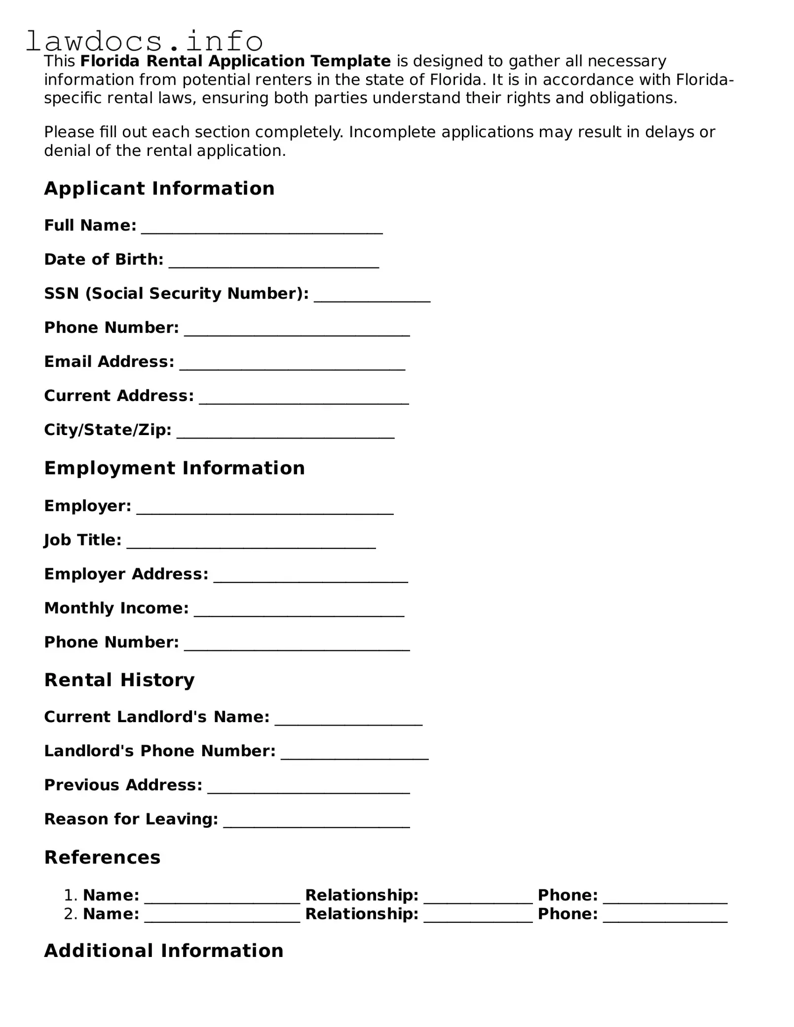 Blank Rental Application Template for the State of Florida