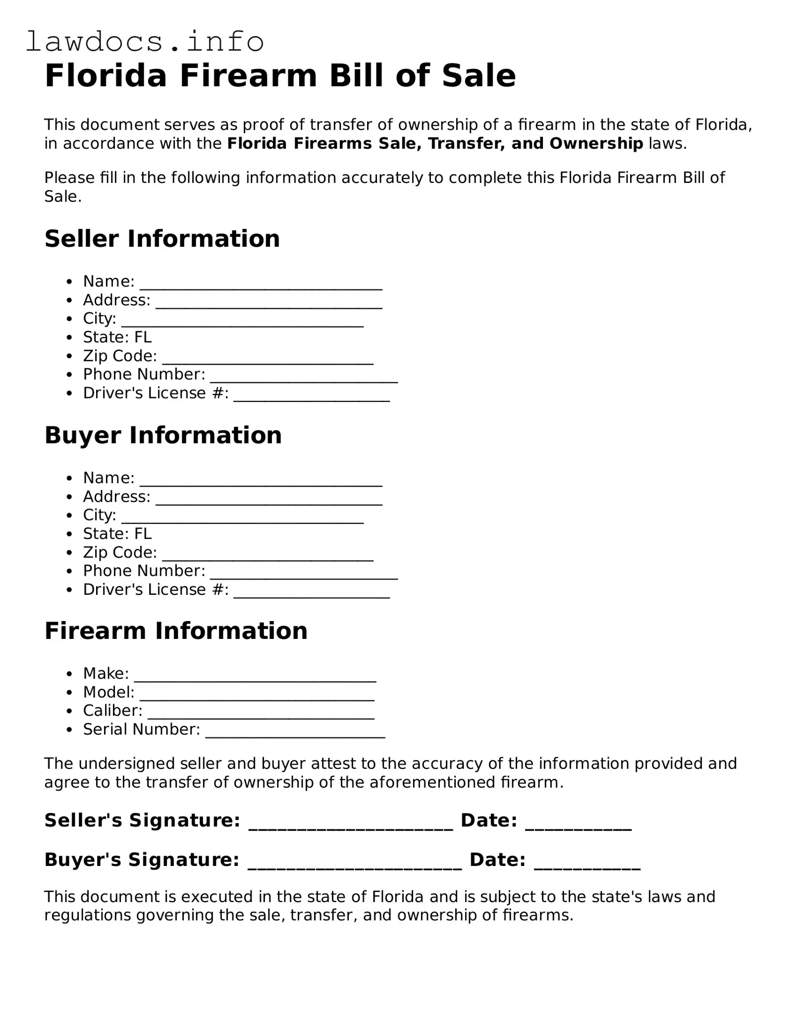 Blank Firearm Bill of Sale Template for the State of Florida