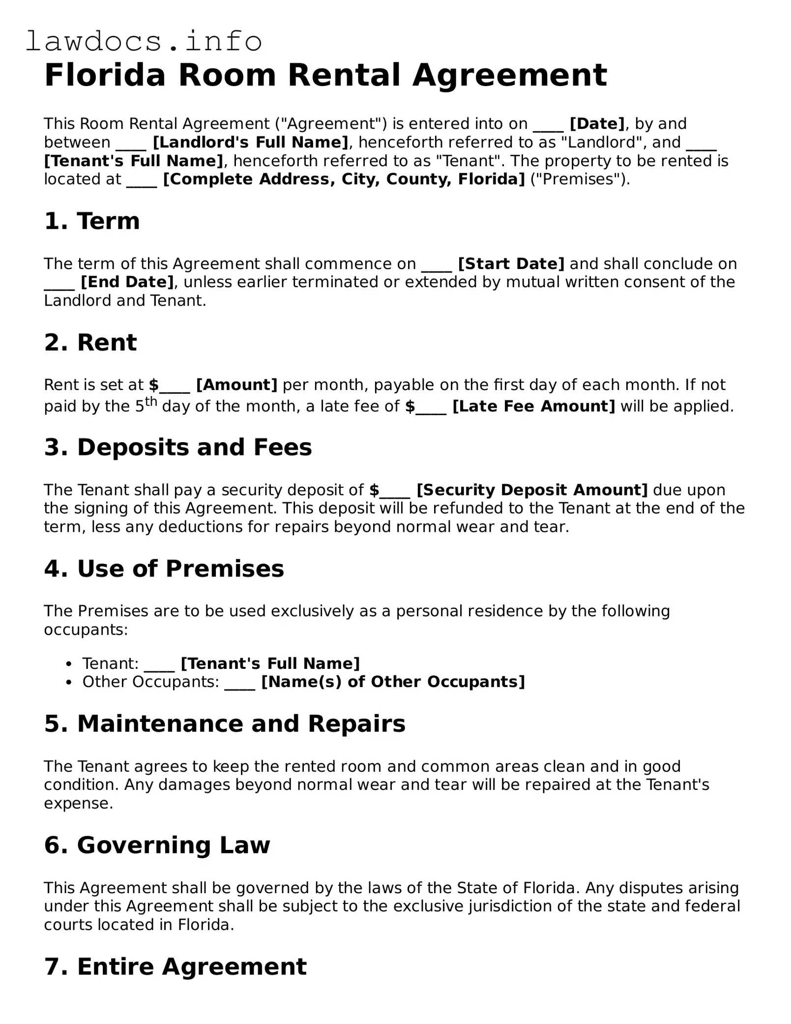 Blank Room Rental Agreement Template for the State of Florida