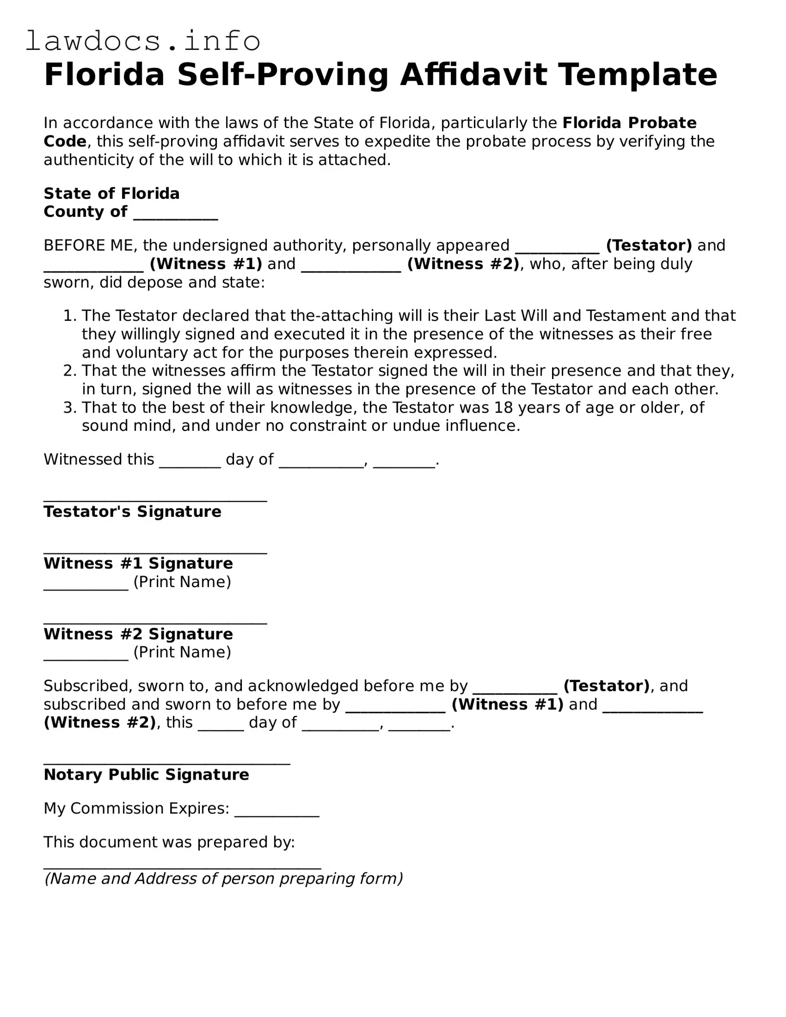 Blank Self-Proving Affidavit Template for the State of Florida