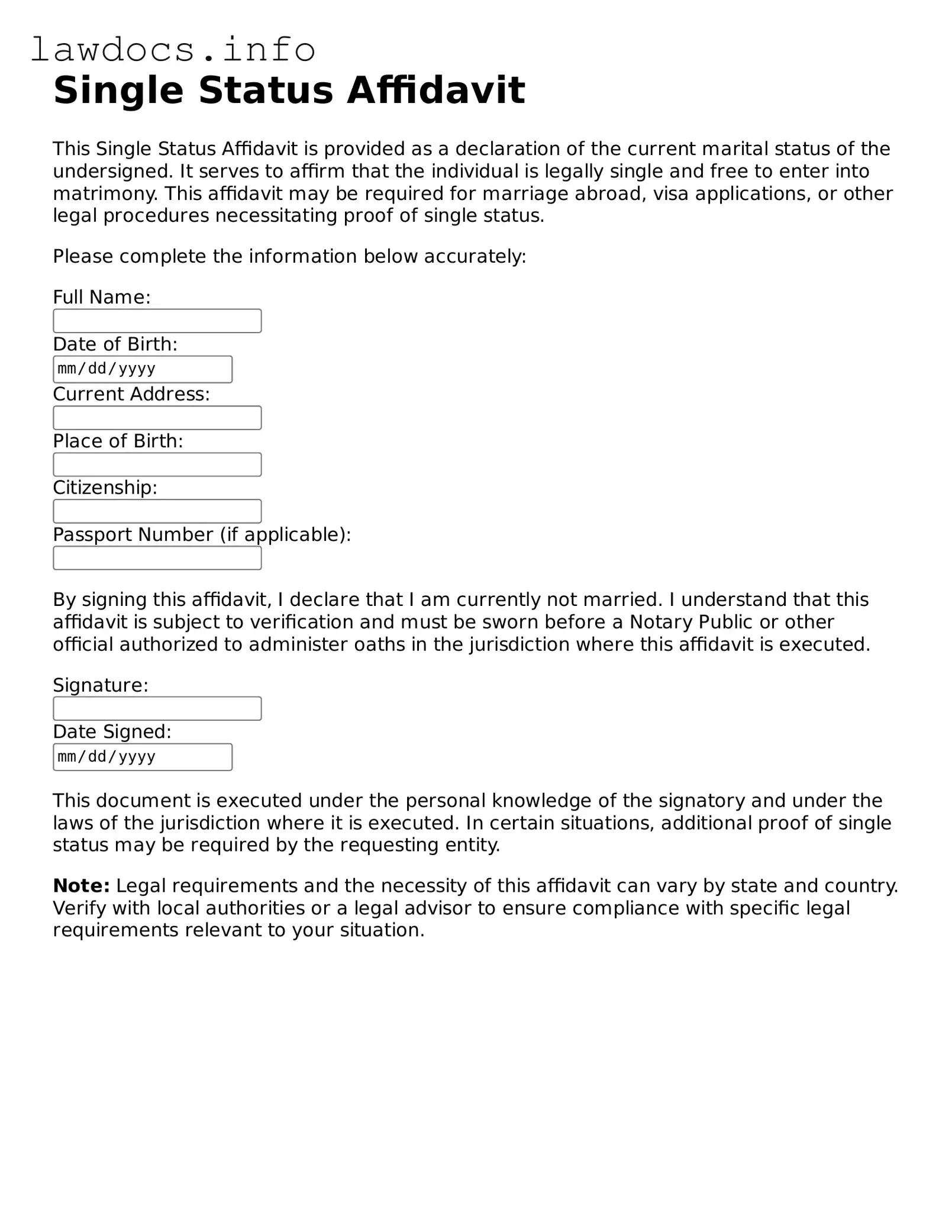 Valid Single Status Affidavit Form