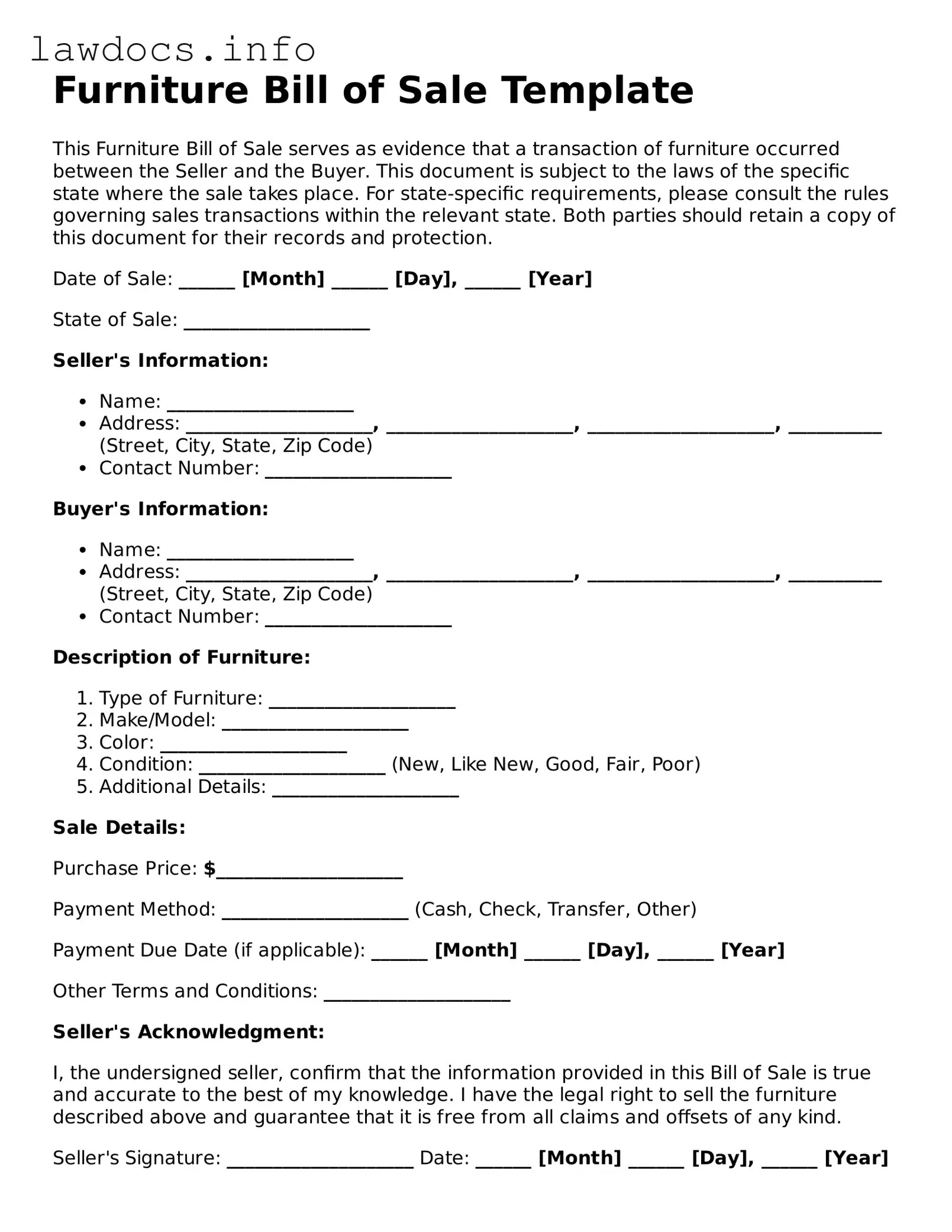 Valid Furniture Bill of Sale Form