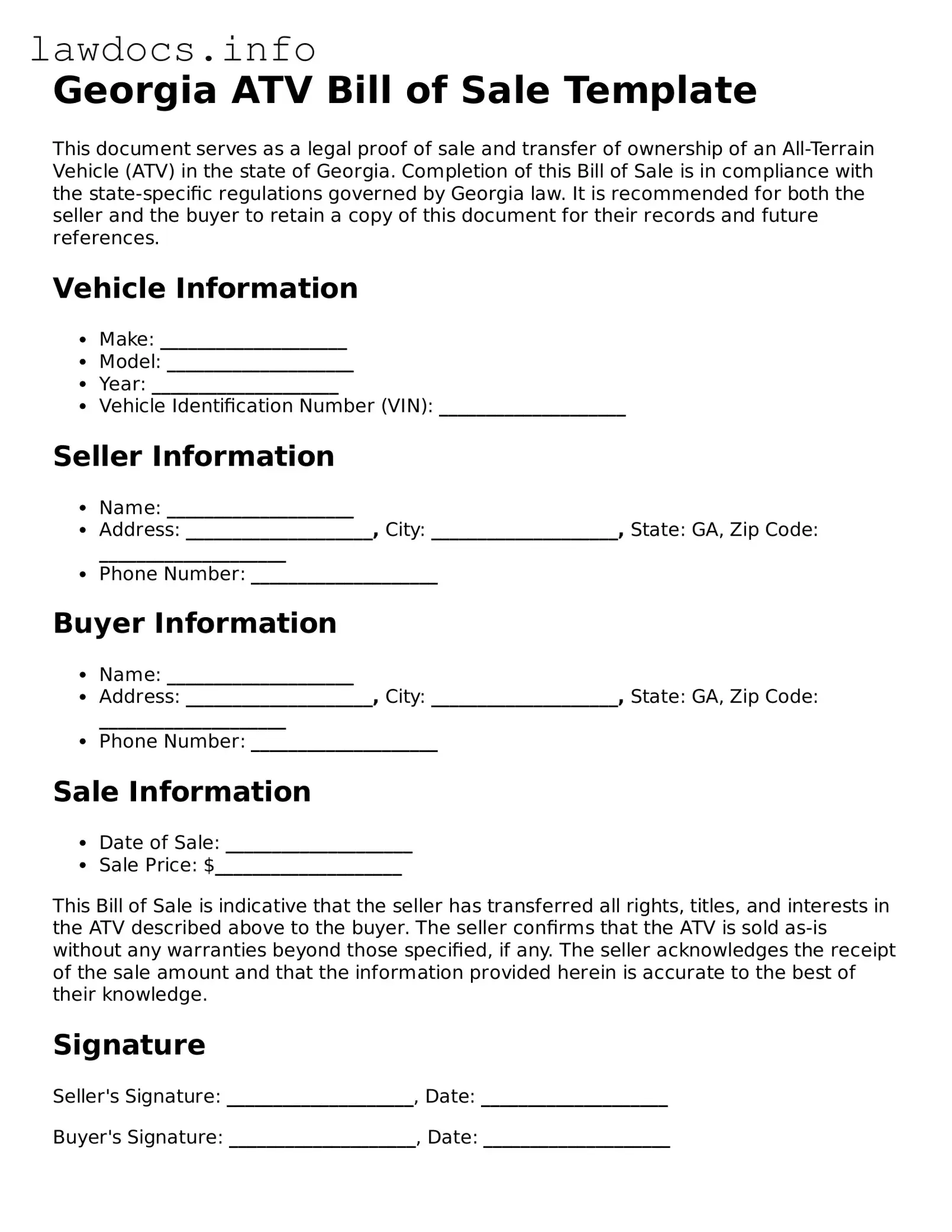 Blank ATV Bill of Sale Template for the State of Georgia