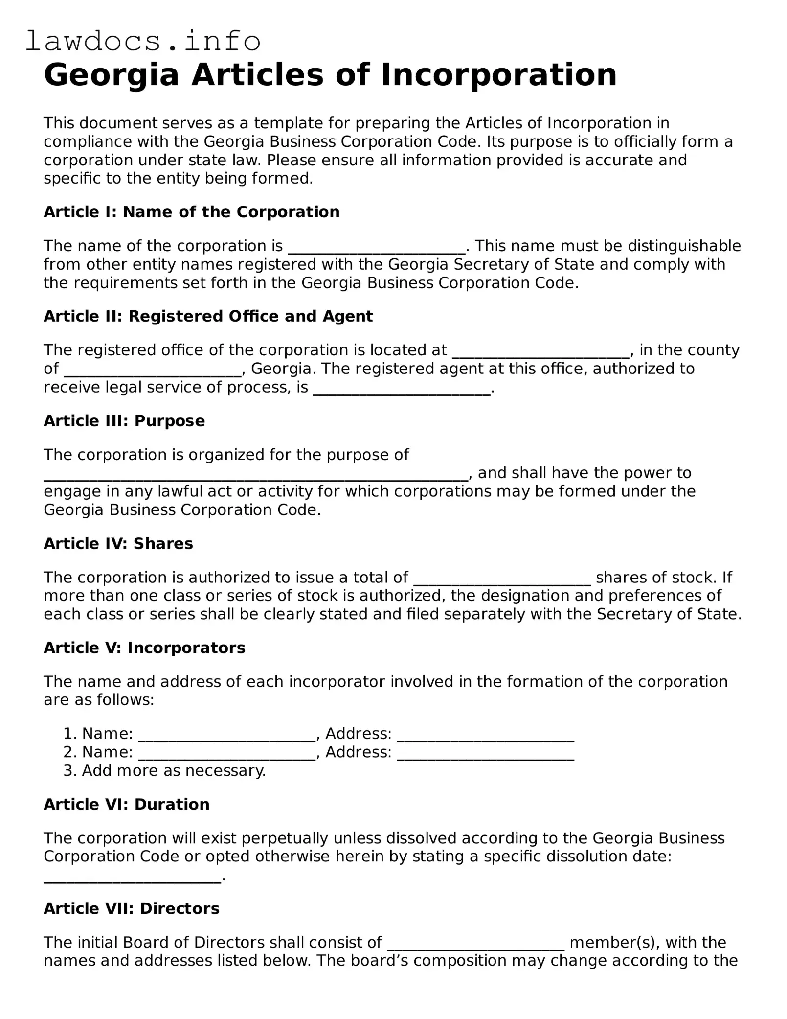 Blank Articles of Incorporation Template for the State of Georgia