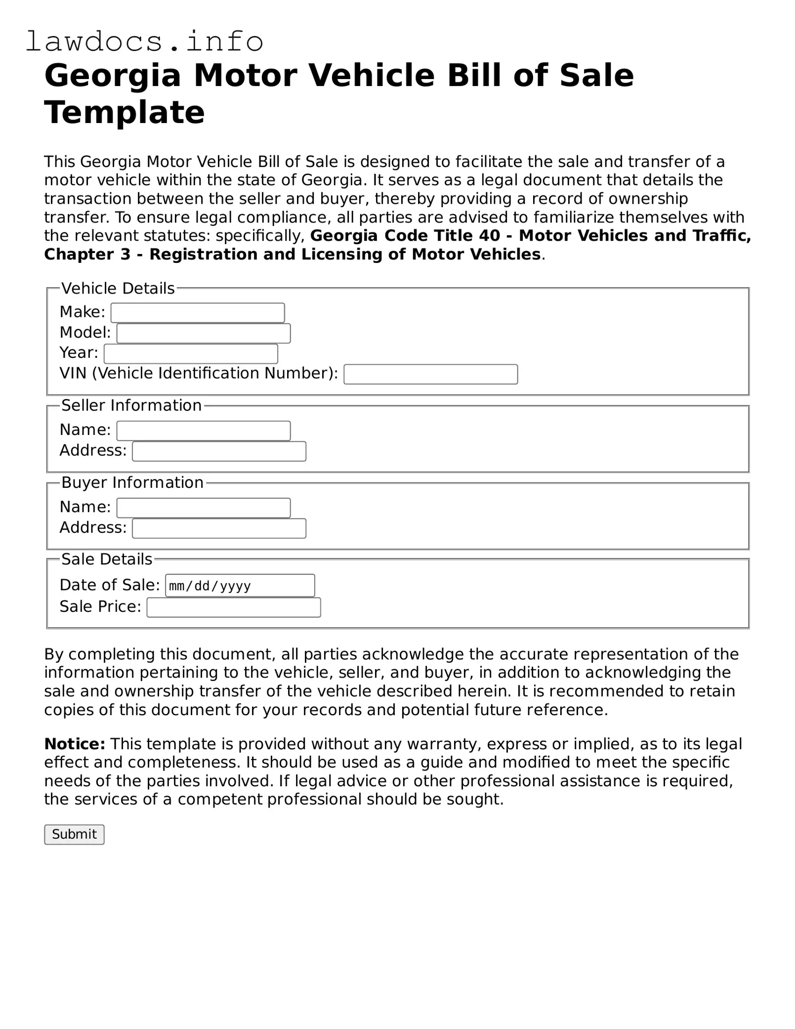 Blank Motor Vehicle Bill of Sale Template for the State of Georgia