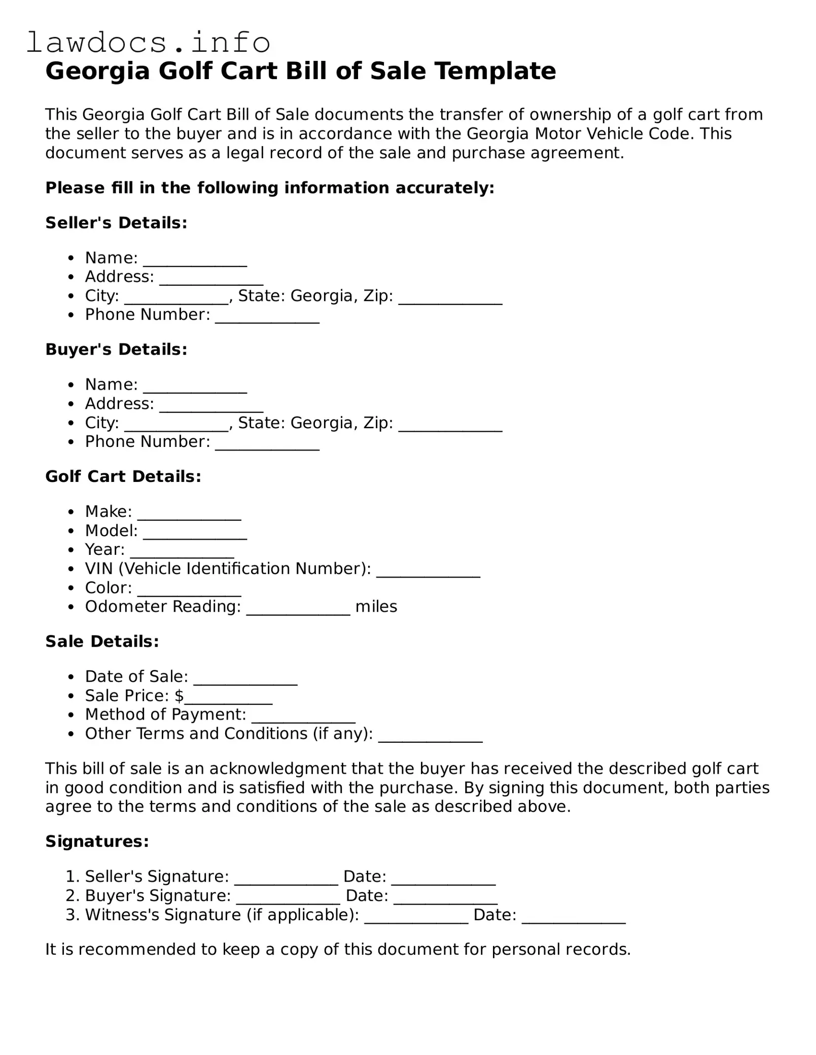 Blank Golf Cart Bill of Sale Template for the State of Georgia