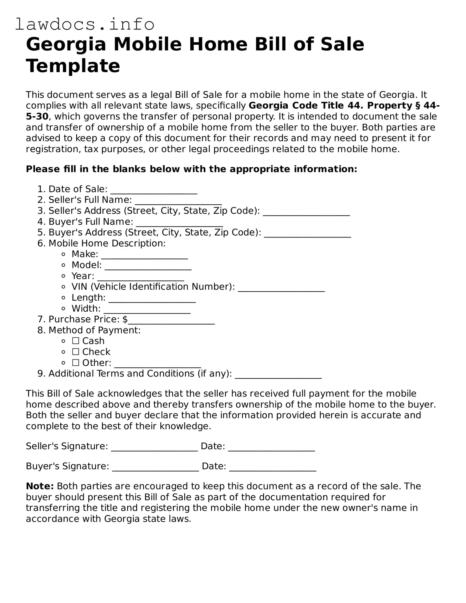 Blank Mobile Home Bill of Sale Template for the State of Georgia