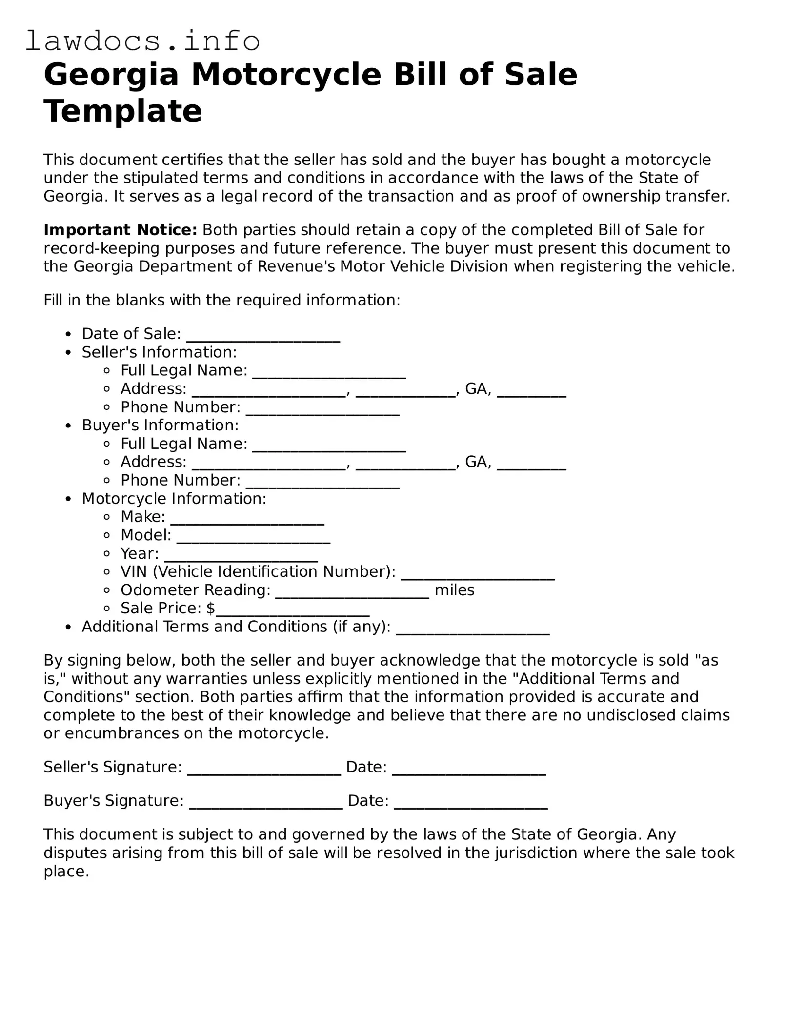 Blank Motorcycle Bill of Sale Template for the State of Georgia