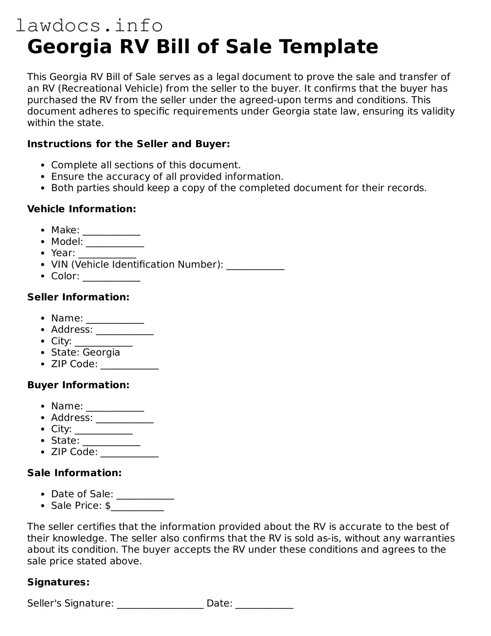 Blank RV Bill of Sale Template for the State of Georgia