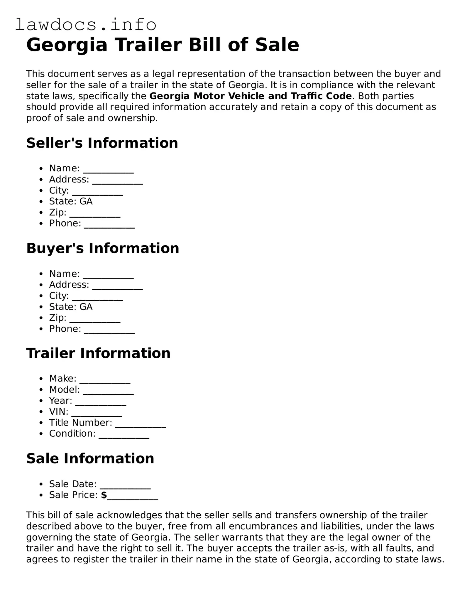 Blank Trailer Bill of Sale Template for the State of Georgia