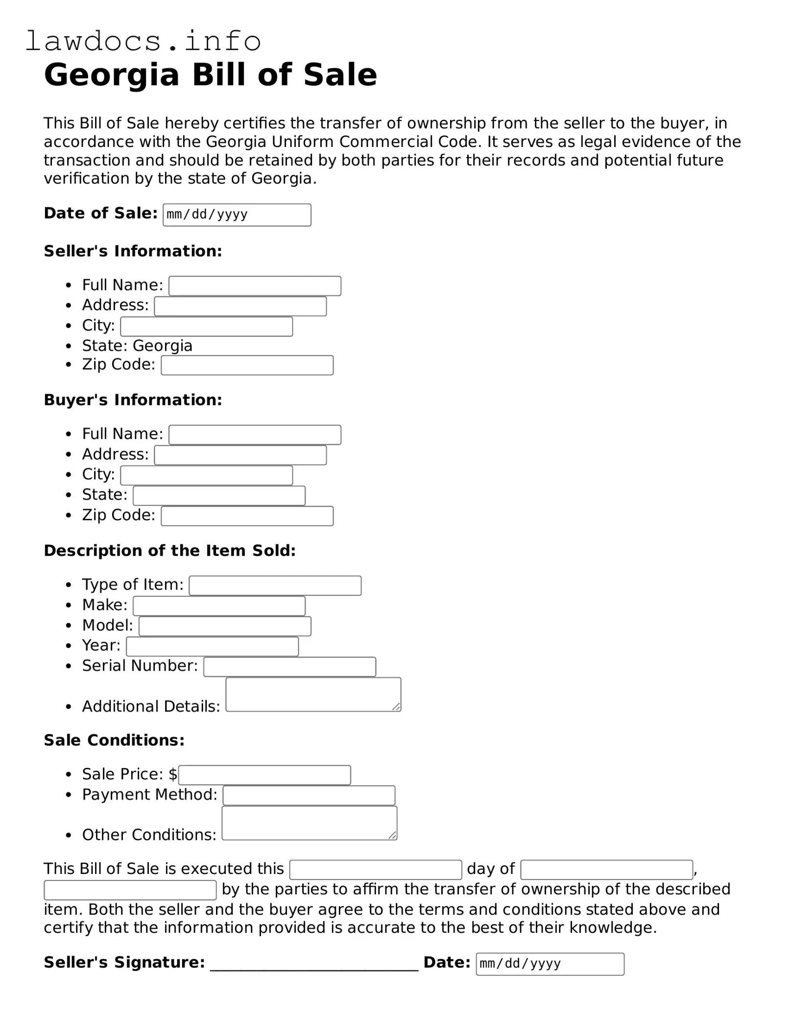 Blank Bill of Sale Template for the State of Georgia
