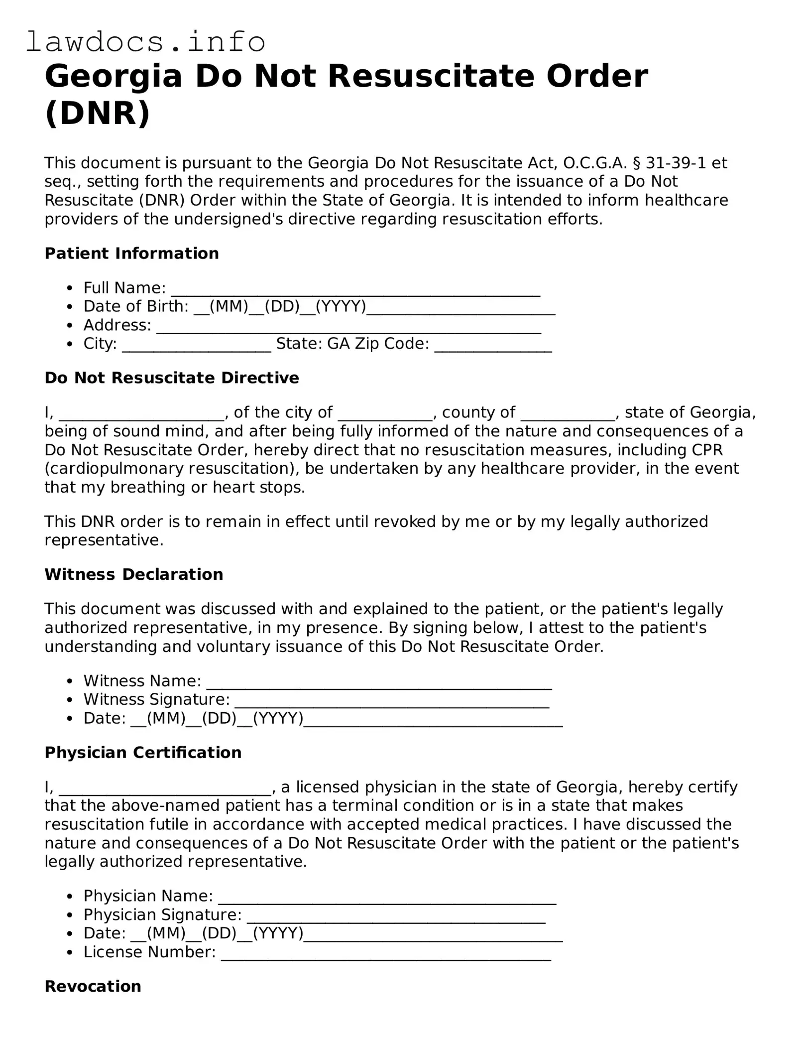 Blank Do Not Resuscitate Order Template for the State of Georgia