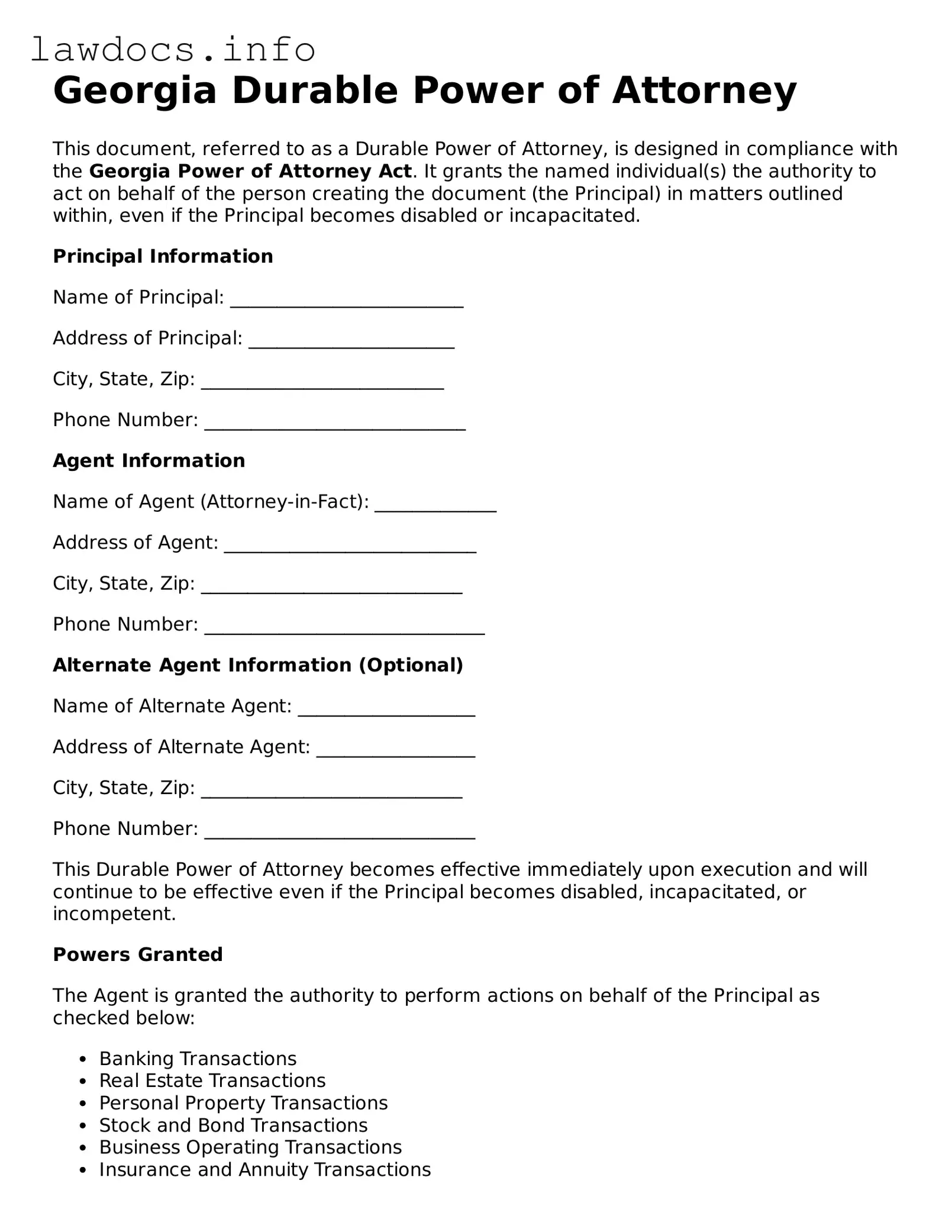 Blank Durable Power of Attorney Template for the State of Georgia