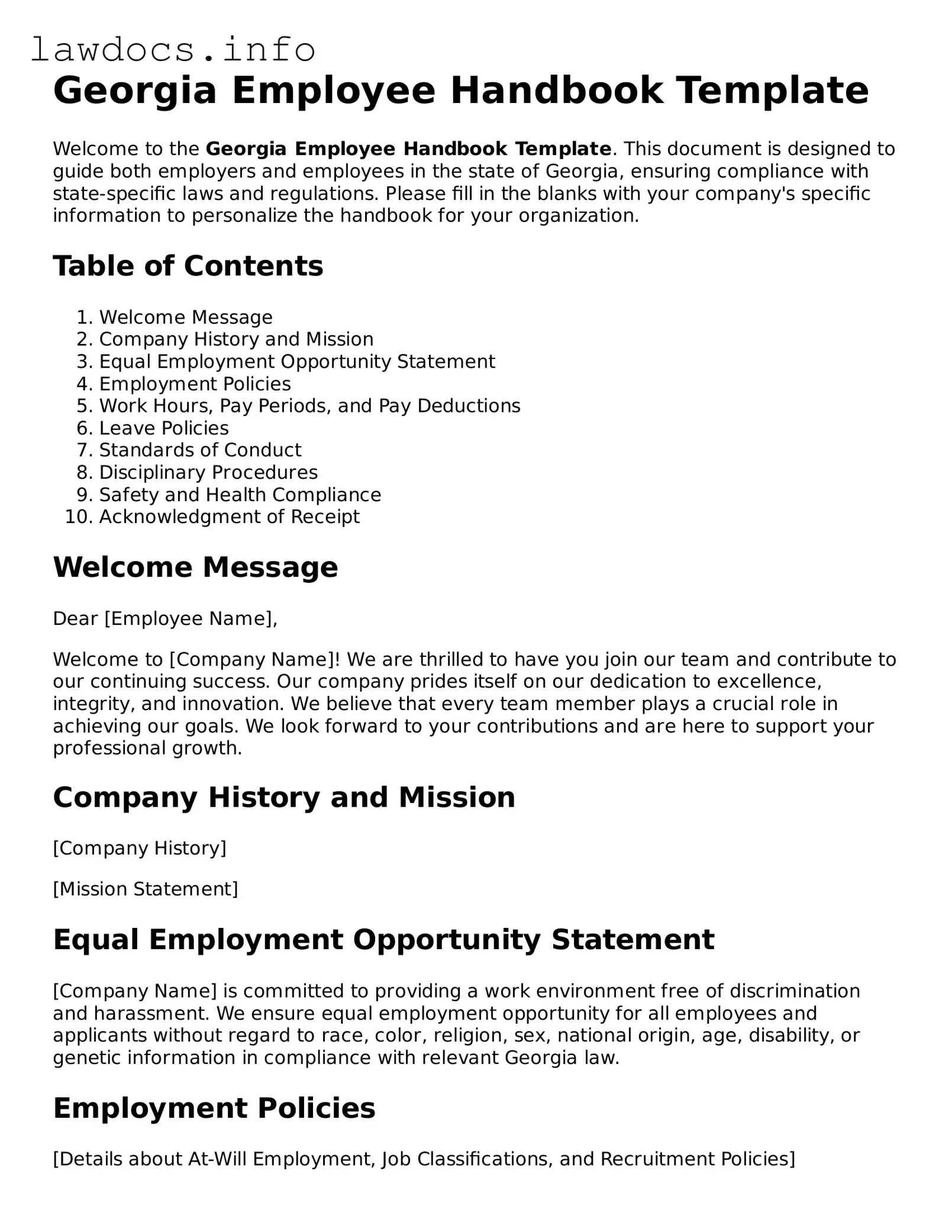 Blank Employee Handbook Template for the State of Georgia