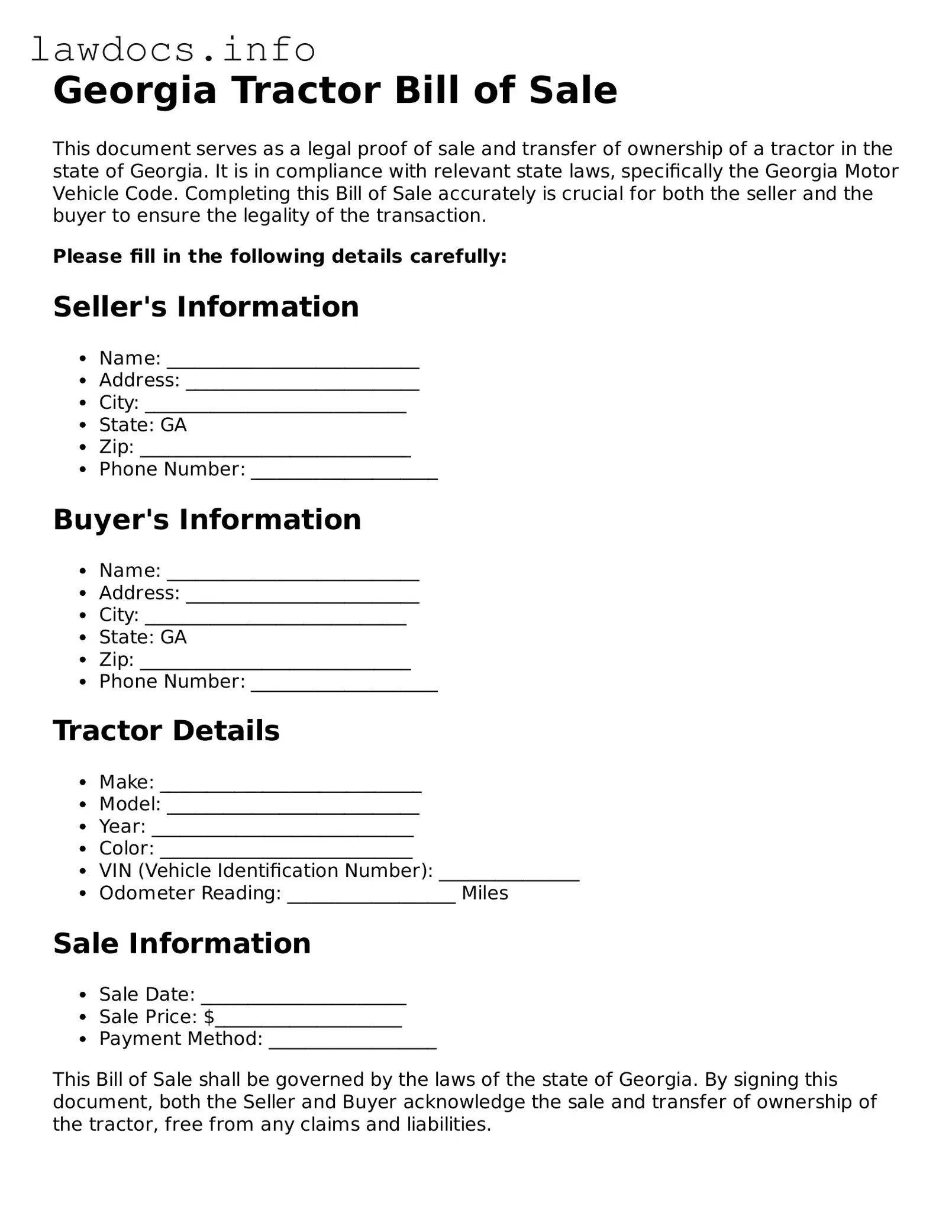 Blank Tractor Bill of Sale Template for the State of Georgia
