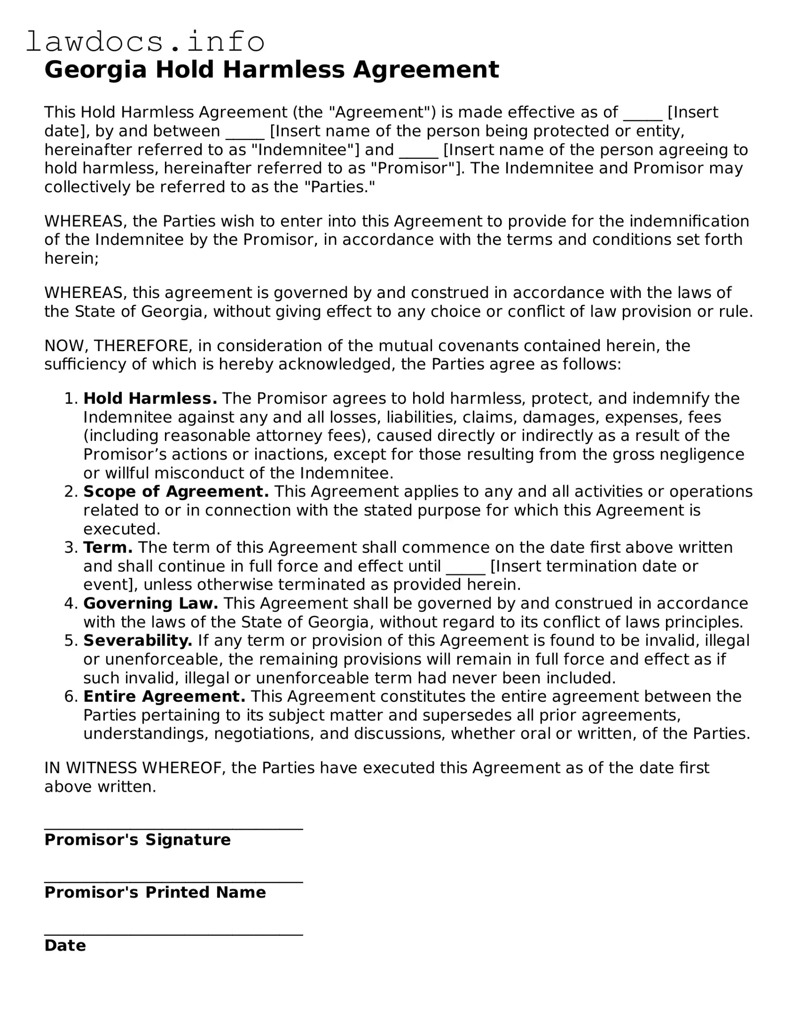 Blank Hold Harmless Agreement Template for the State of Georgia