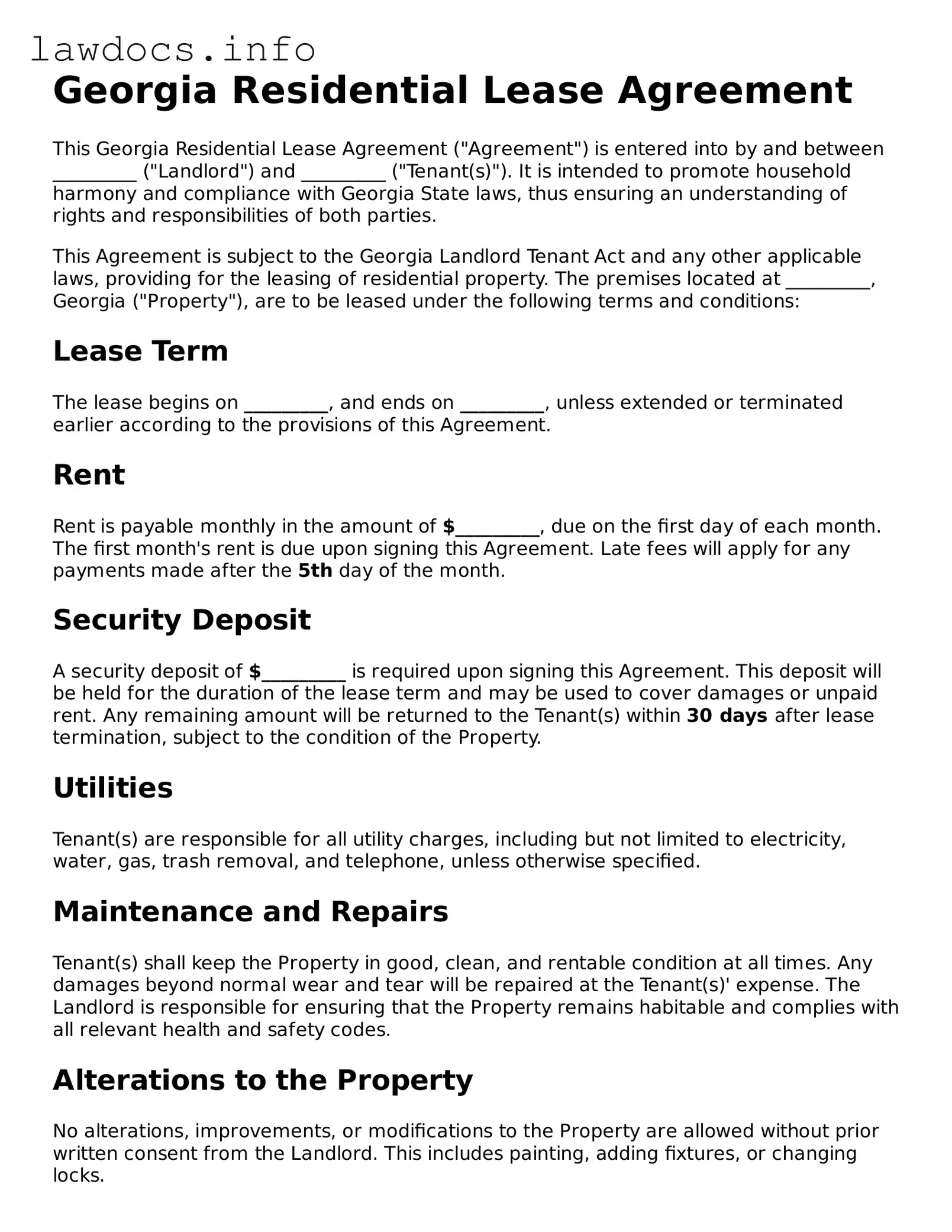 Blank Residential Lease Agreement Template for the State of Georgia