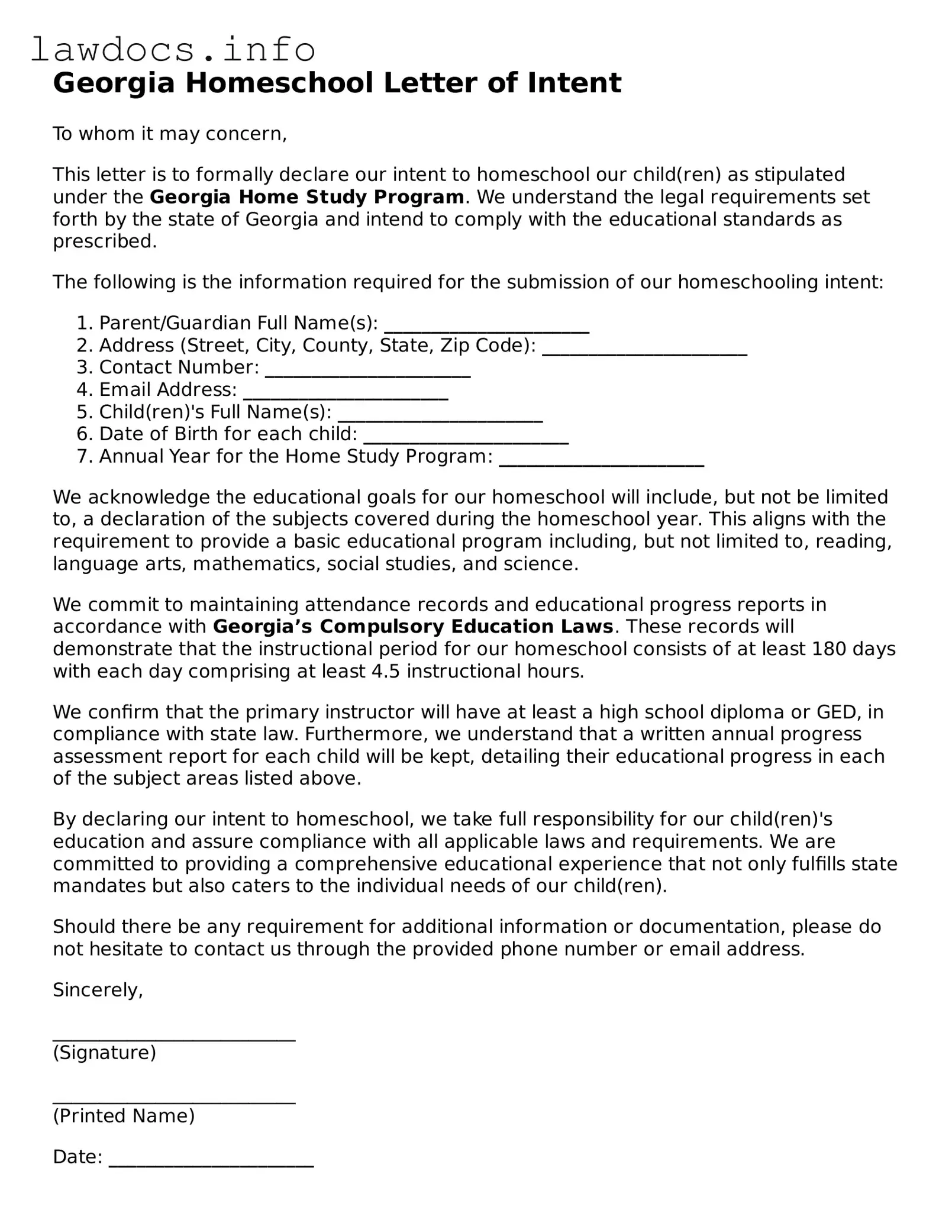 Blank Homeschool Letter of Intent Template for the State of Georgia