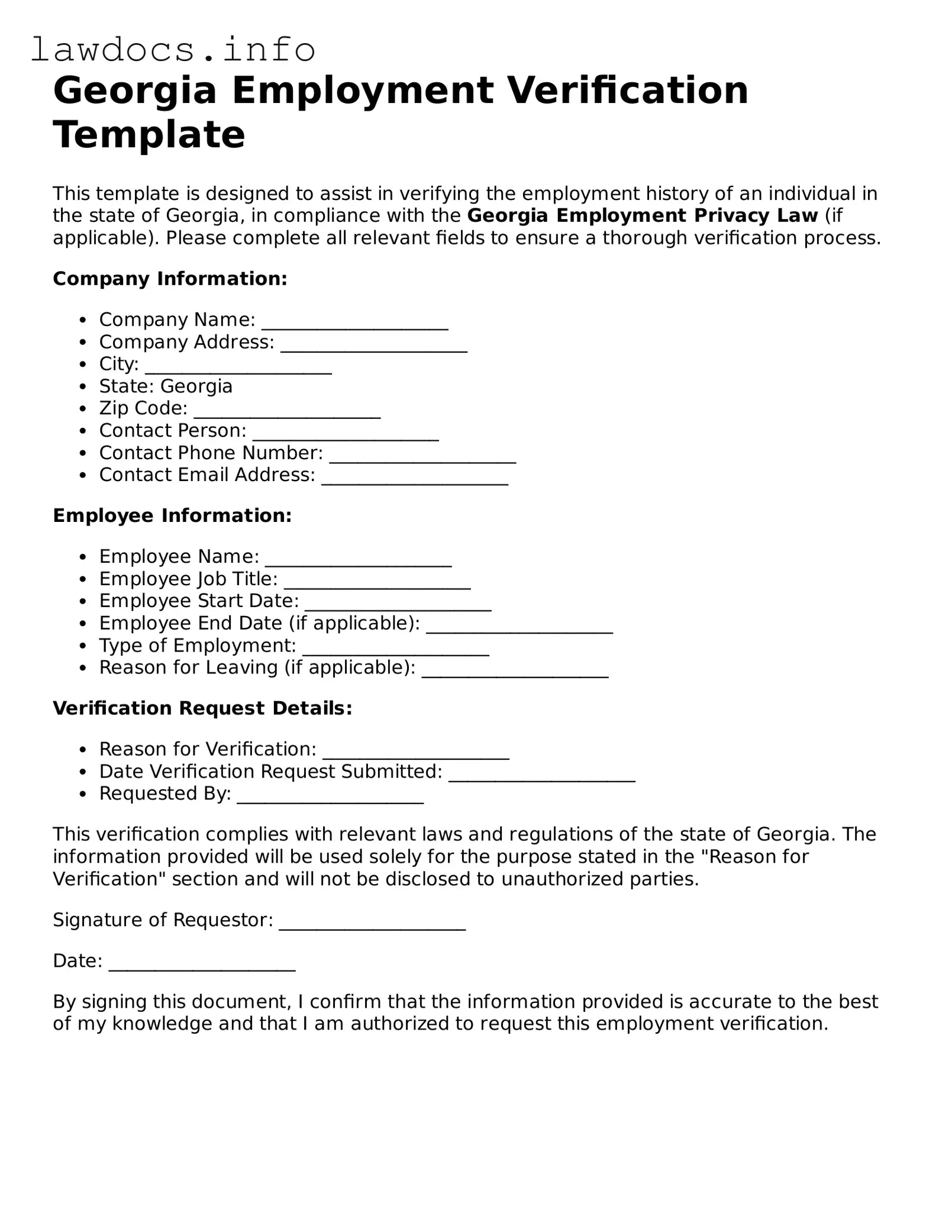 Blank Employment Verification Template for the State of Georgia