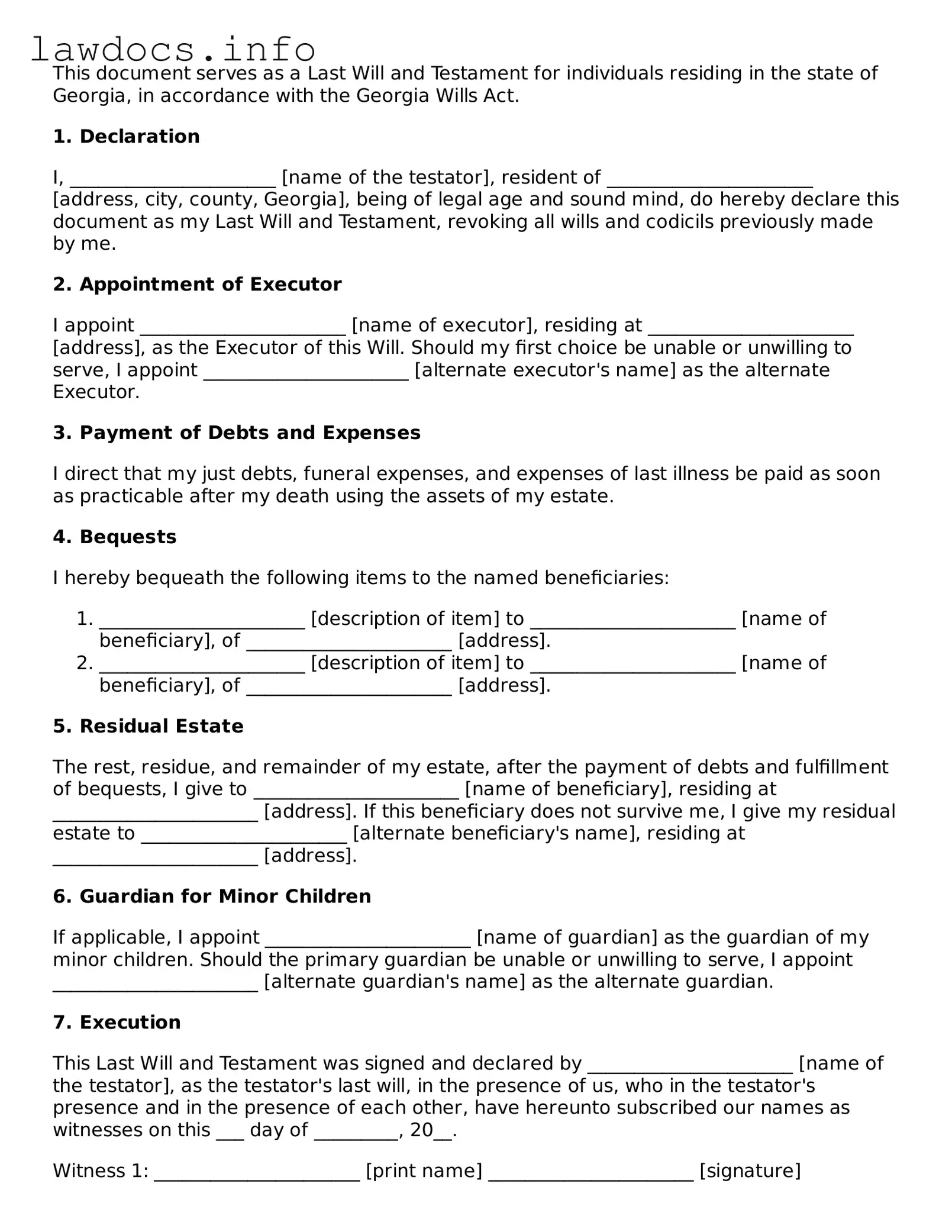 Blank Last Will and Testament Template for the State of Georgia