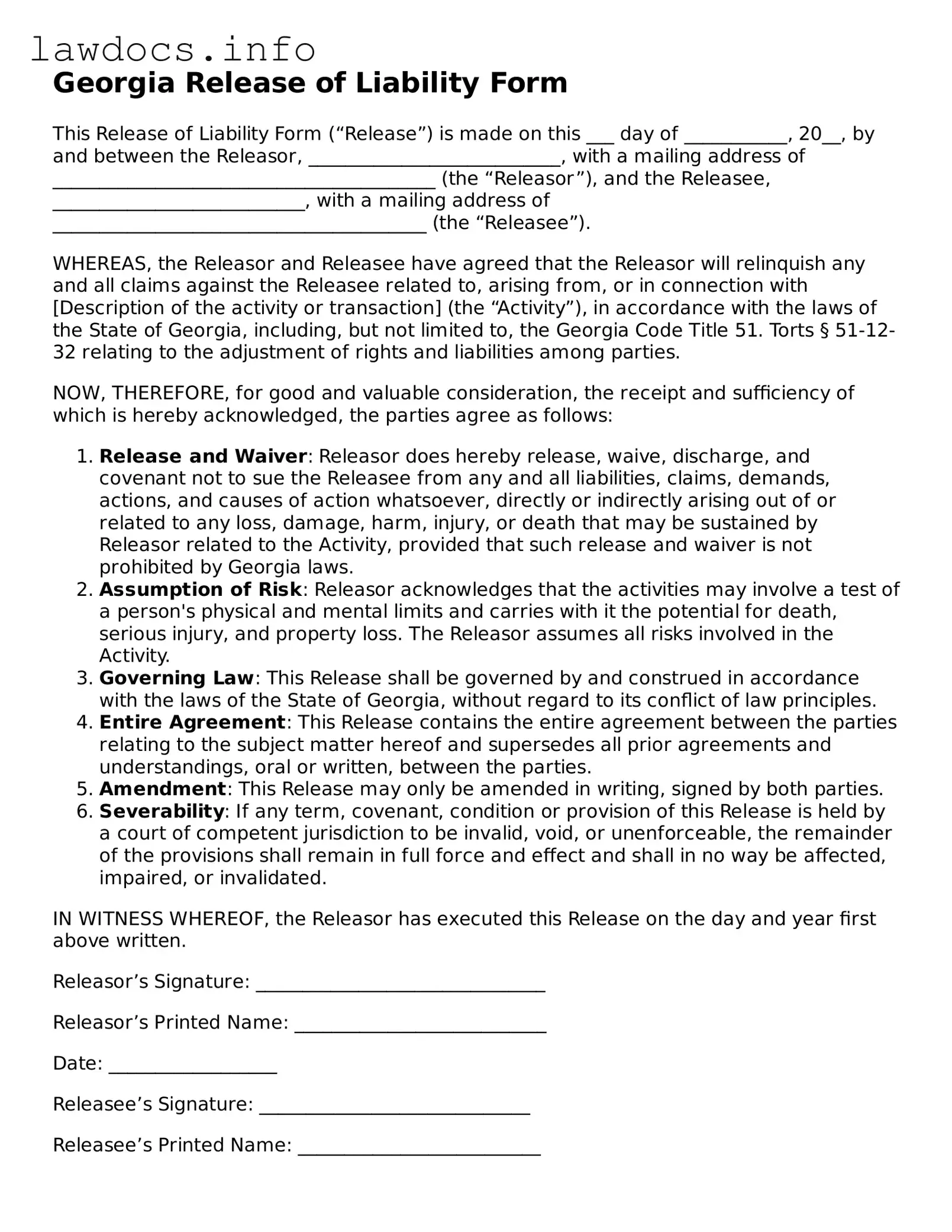 Blank Release of Liability Template for the State of Georgia