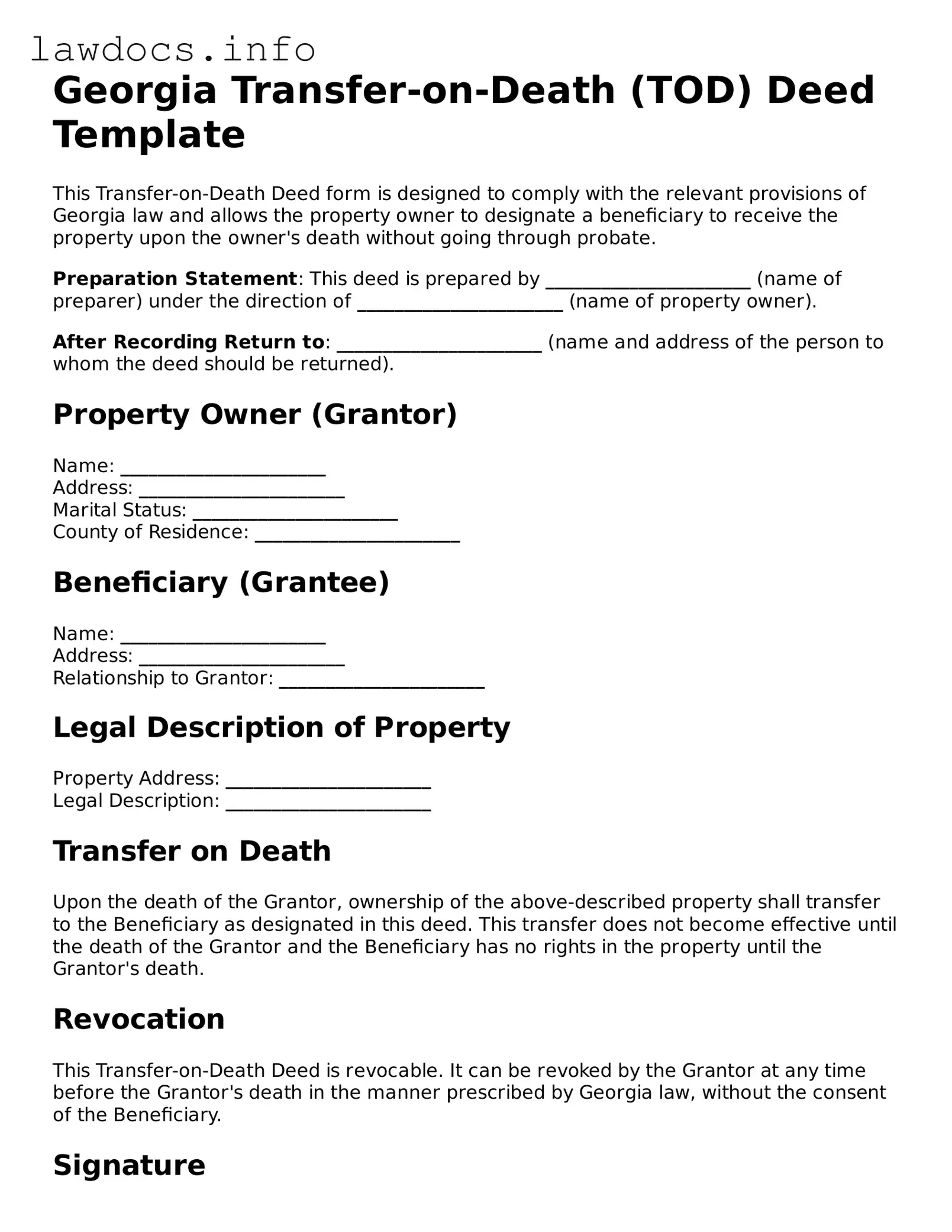 Blank Transfer-on-Death Deed Template for the State of Georgia