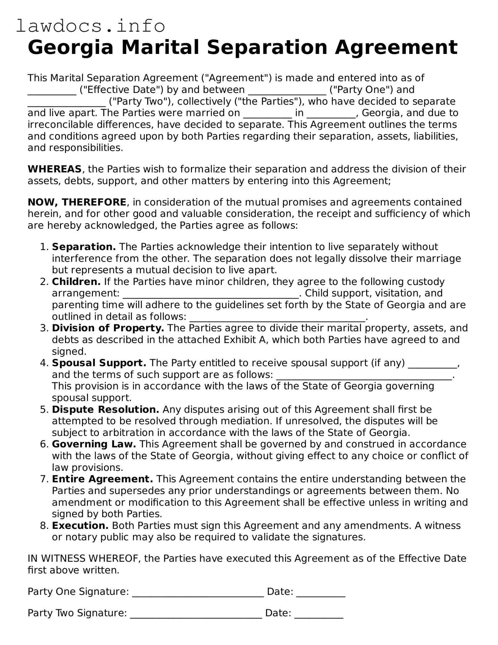 Blank Marital Separation Agreement Template for the State of Georgia