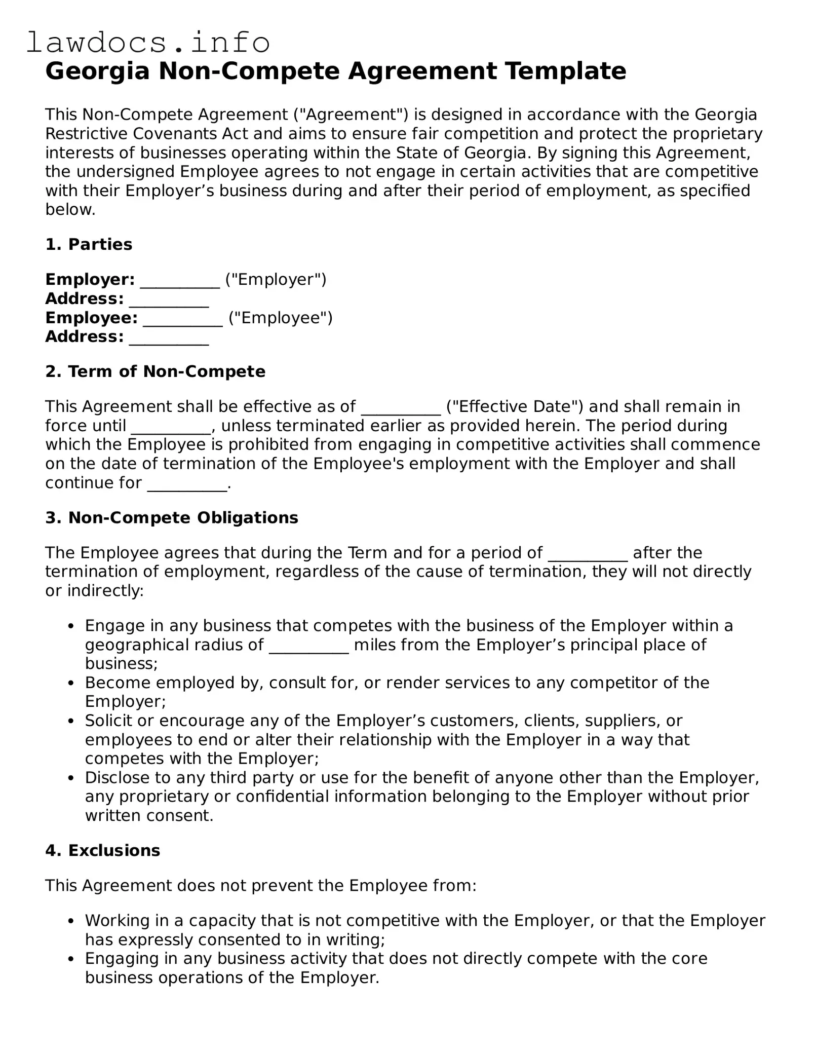 Blank Non-compete Agreement Template for the State of Georgia