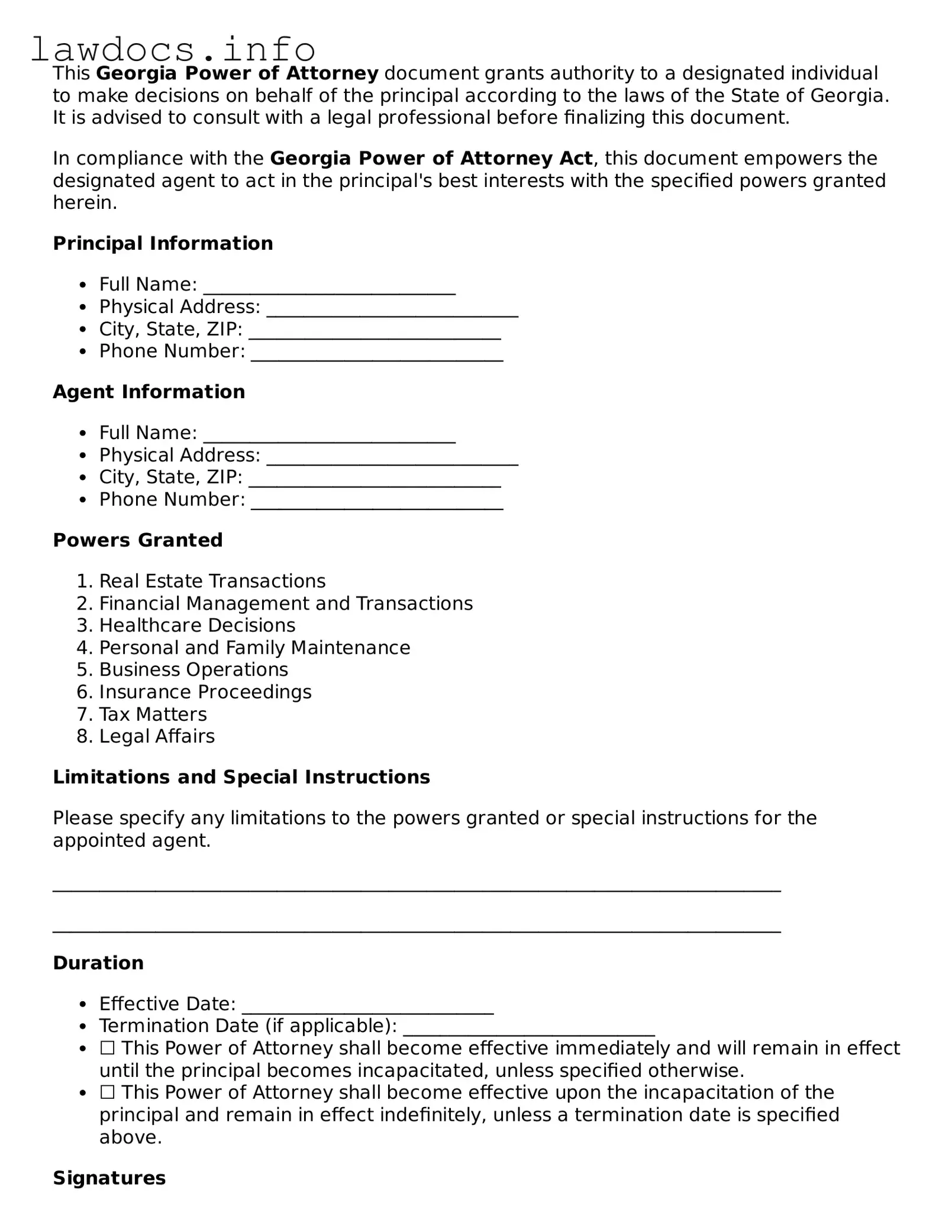 Blank Power of Attorney Template for the State of Georgia