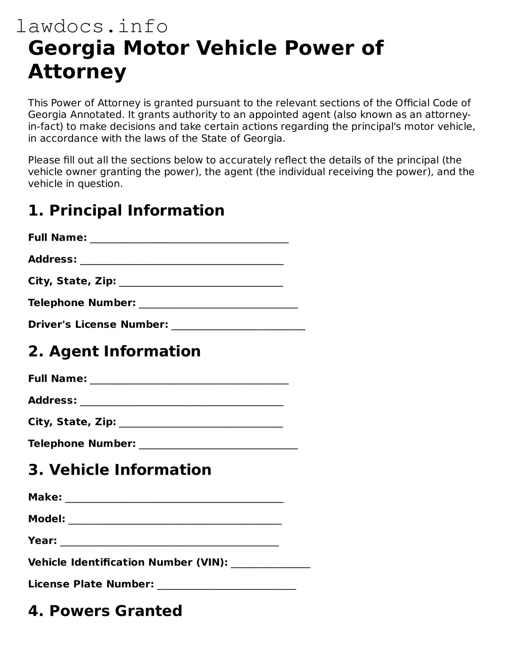 Blank Motor Vehicle Power of Attorney Template for the State of Georgia